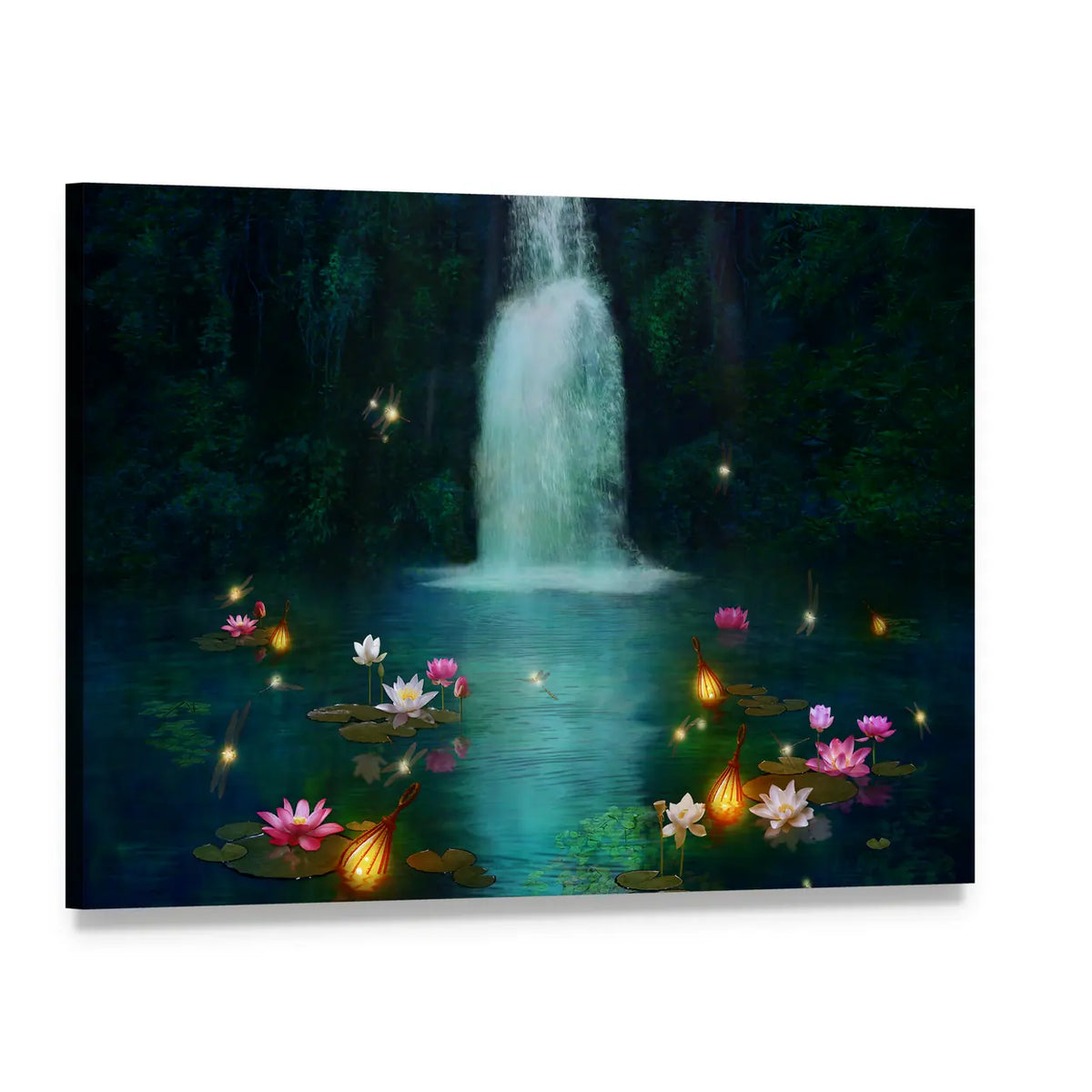 Waterfall with Lotus and Lanterns Canvas Wall Art, single panel gallery wrapped canvas, angled product view