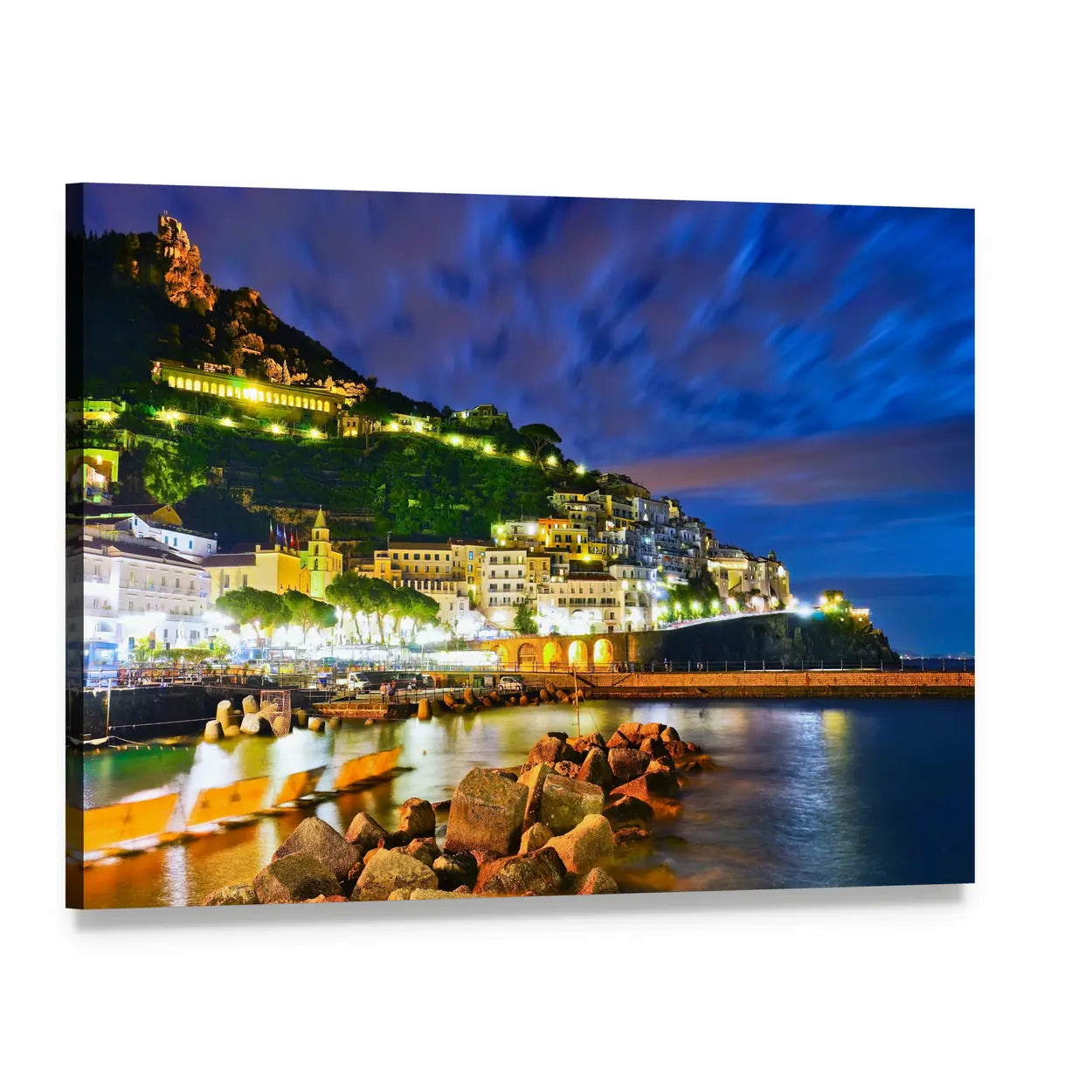 Amalfi Village at Night Canvas Wall Art, single panel gallery wrapped canvas, angled product view