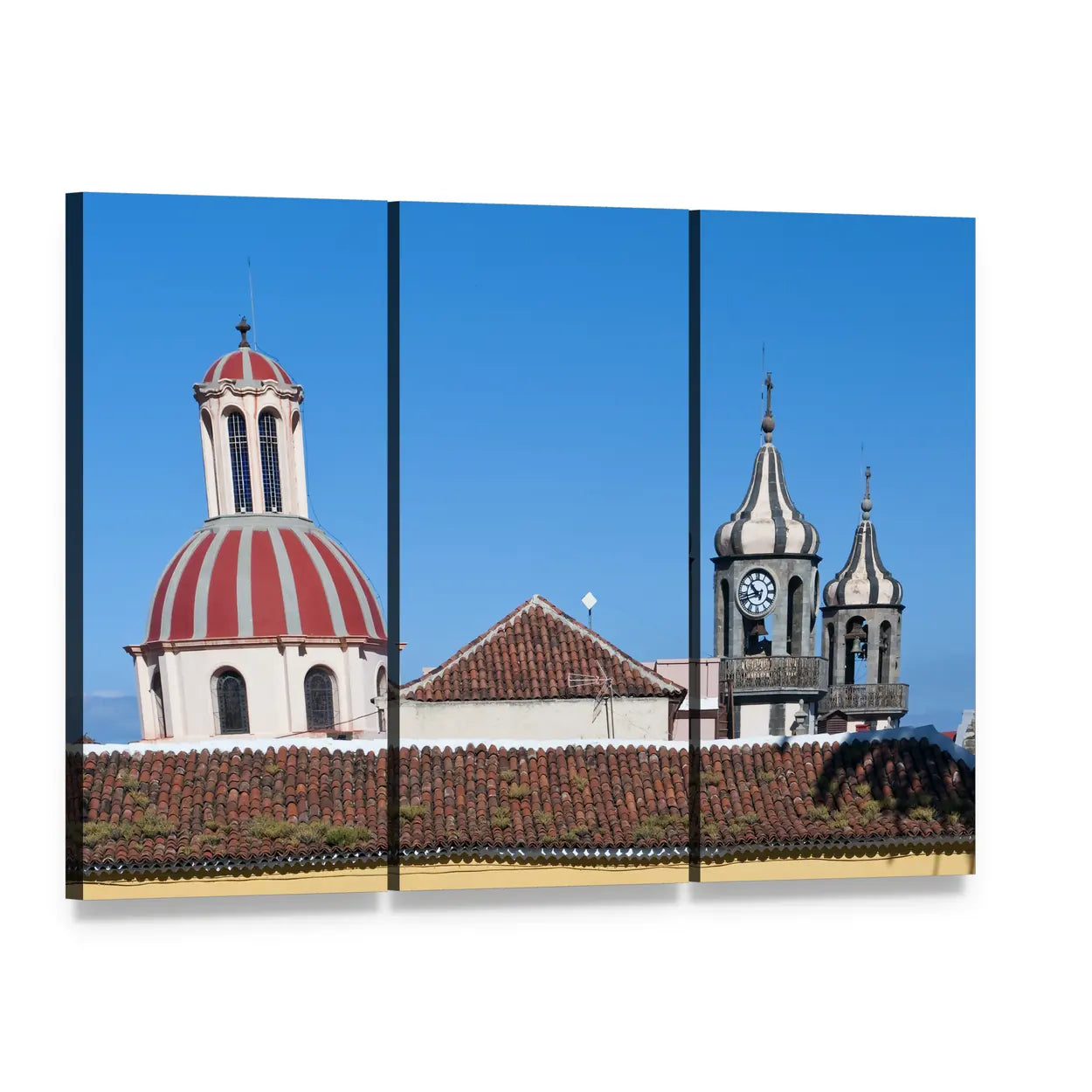 Church of La Concepcion Dome and Clock Tower Canvas Wall Art, 3 panel 3 Horizontal layout gallery wrapped canvas set, angled product view