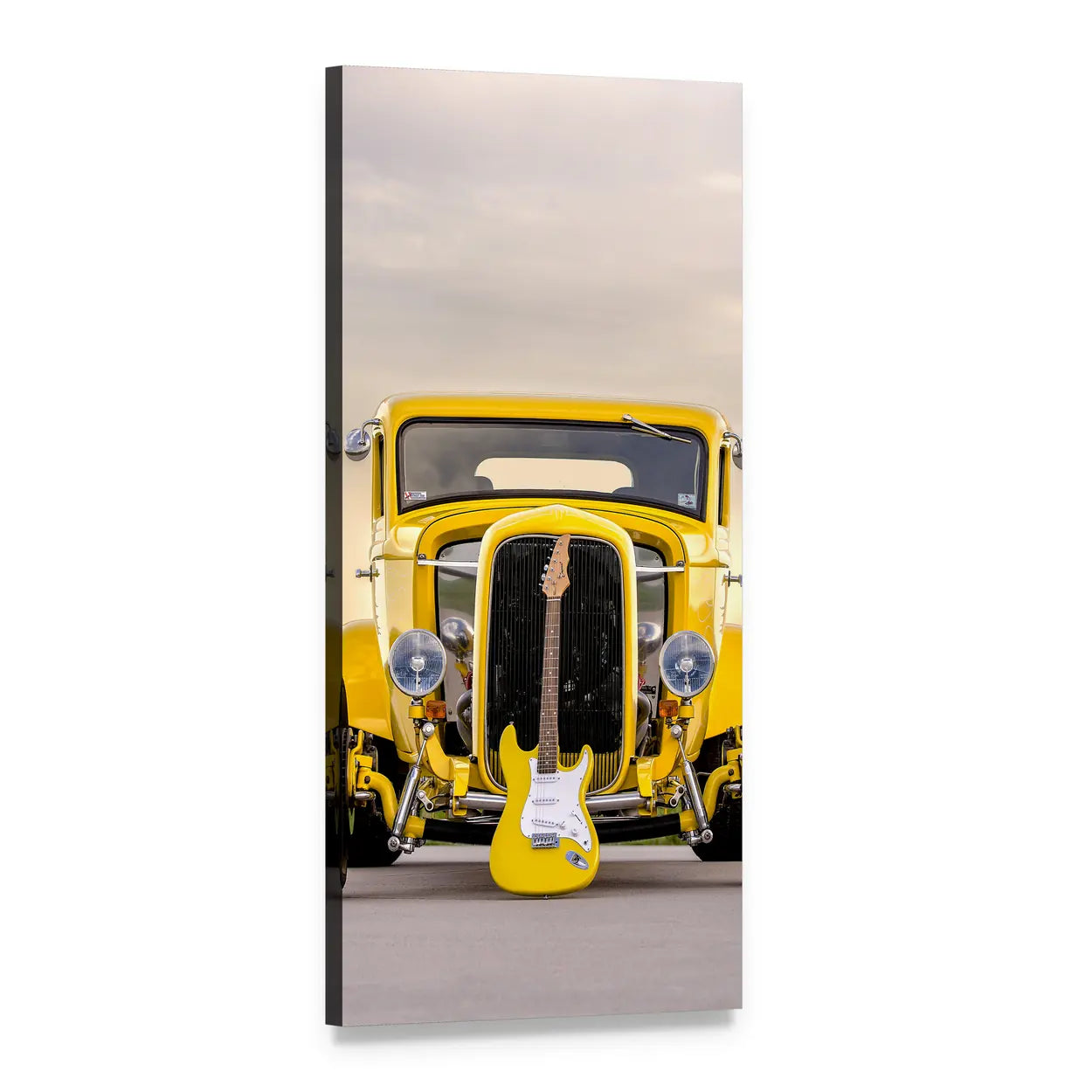 Vintage Yellow Hot Rod with Electric Guitar Vertical Canvas Wall Art, 1 panel 1 Vertical layout gallery wrapped canvas set, angled product view