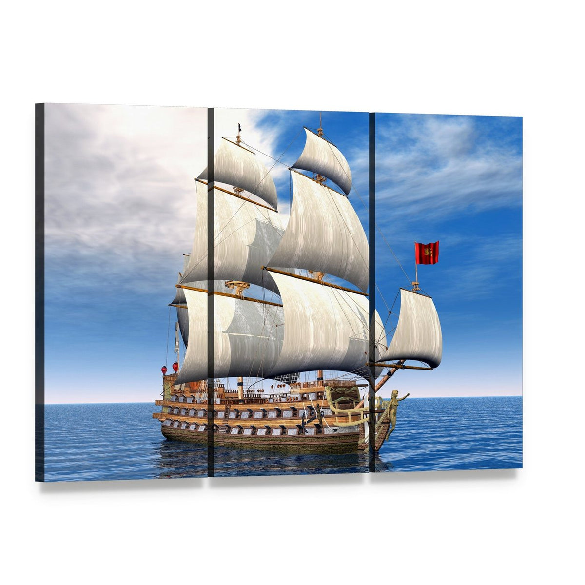 French Sailing Ship Canvas Wall Art, 3 panel 3 Horizontal layout gallery wrapped canvas set, angled product view