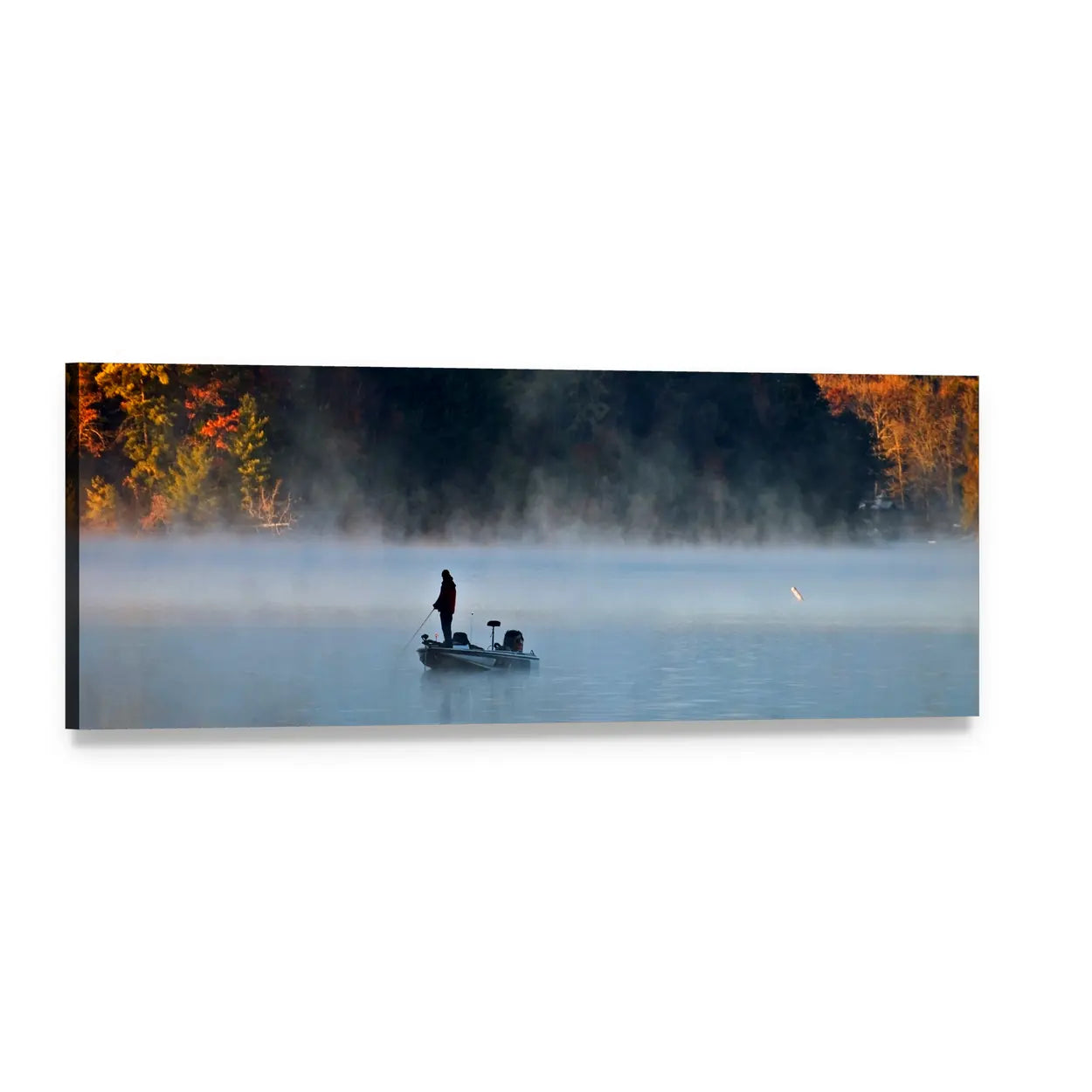 Fisherman in Foggy Morning Panoramic Canvas Wall Art, single panel gallery wrapped canvas, angled product view