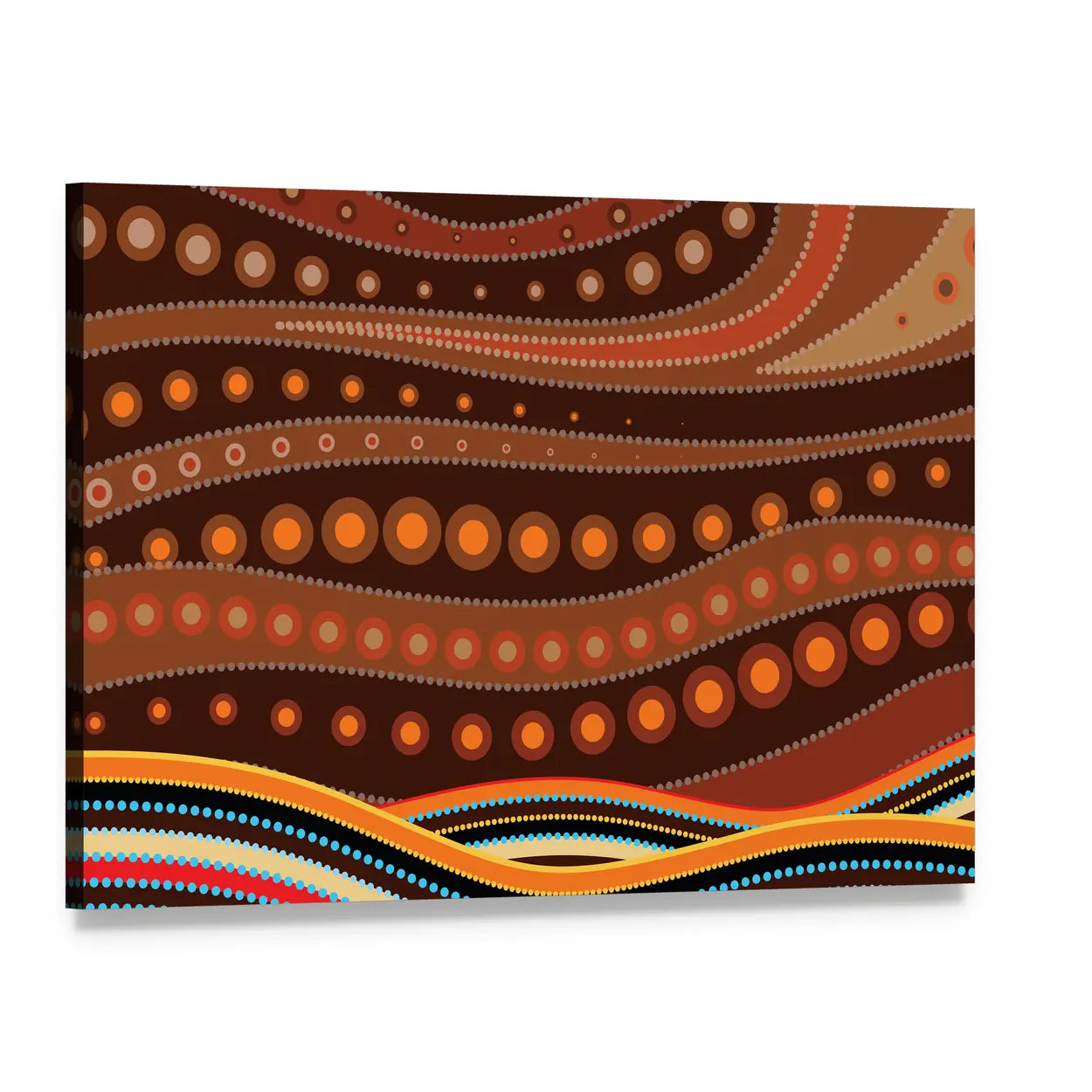Indigenous-inspired Dot Landscape Canvas Wall Art, single panel gallery wrapped canvas, angled product view