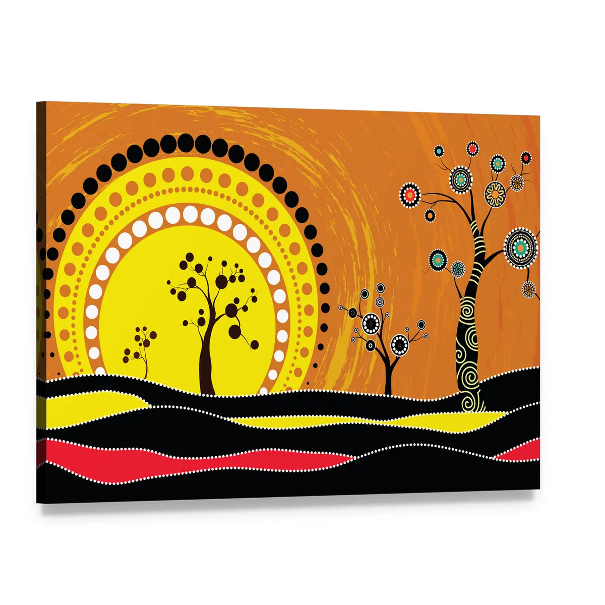 Aboriginal-style Sunset on Rolling Hills Canvas Wall Art, single panel gallery wrapped canvas, angled product view