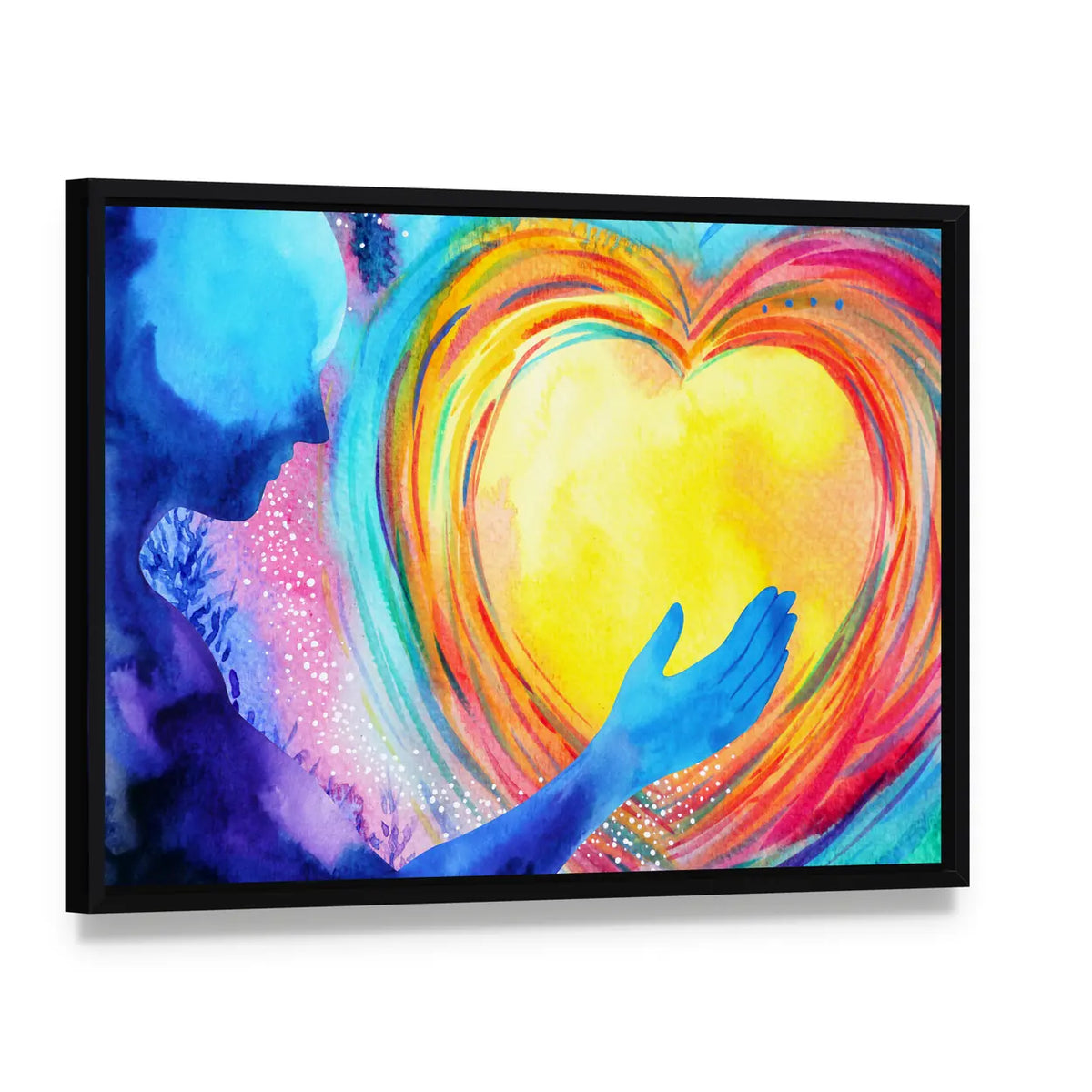 Human And Love Spirit Concept Canvas Wall Art, framed canvas in a black floater frame, angled product view