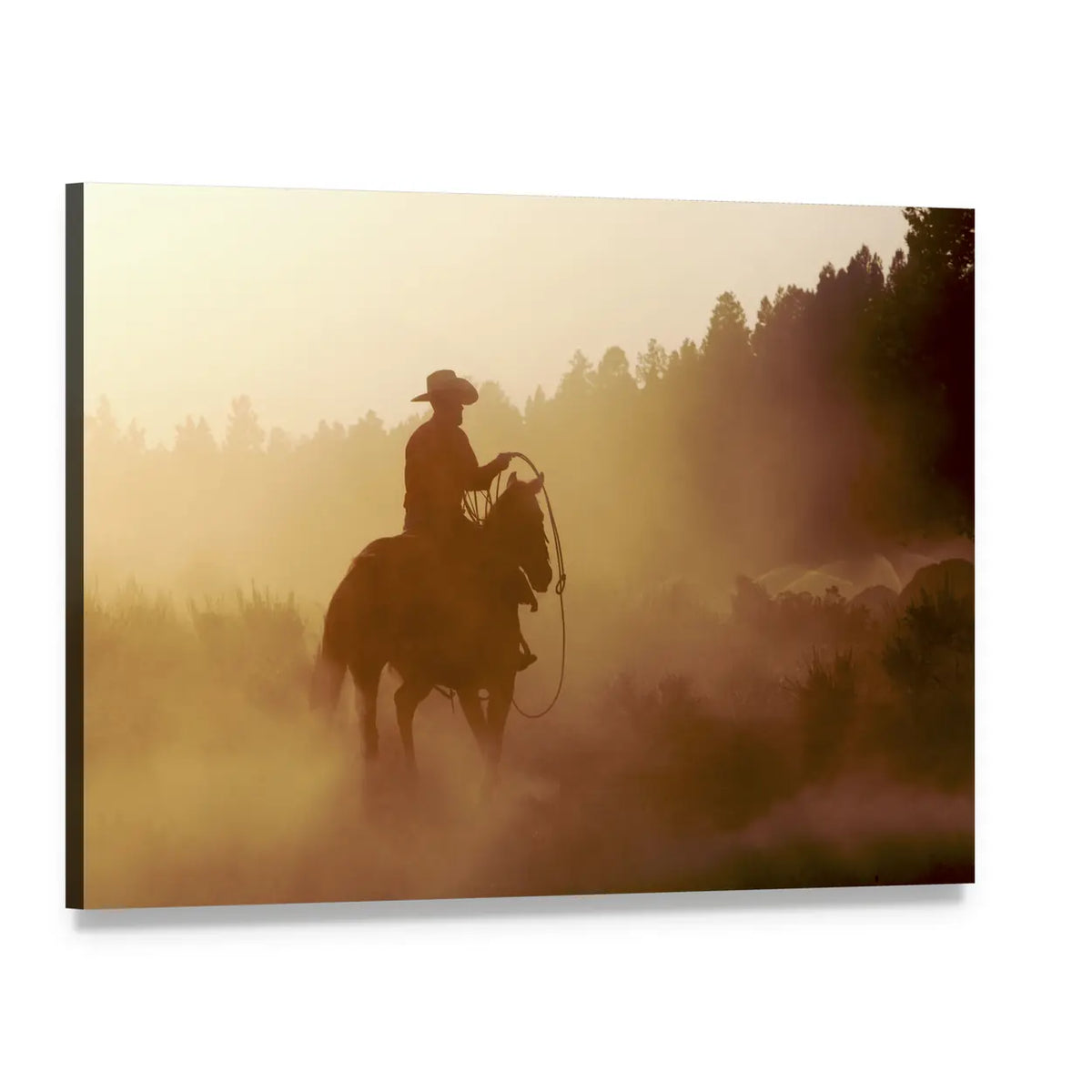 Cowboy Silhouette at Setting Sun Canvas Wall Art, single panel gallery wrapped canvas, angled product view