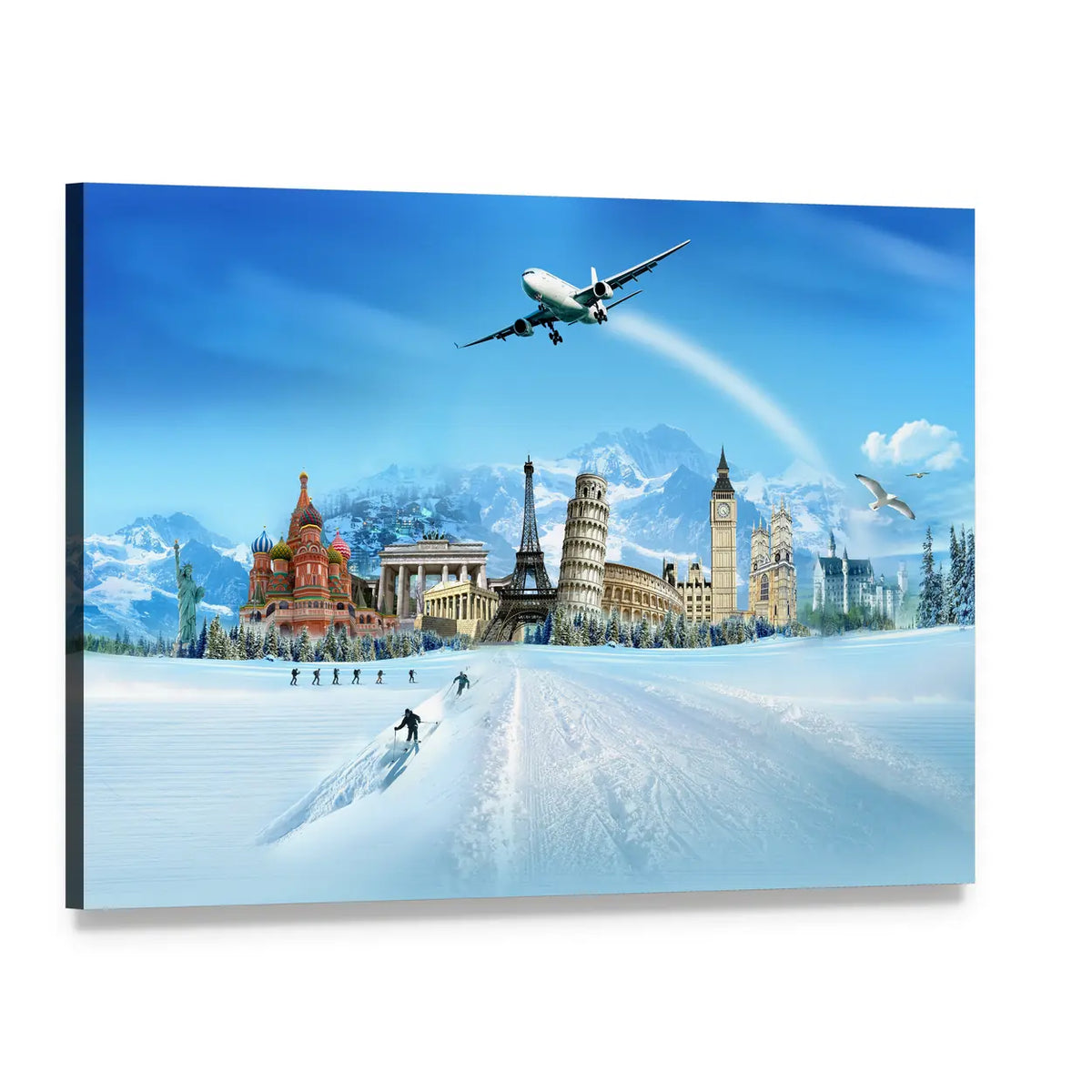World Monuments and Snowy Mountains Canvas Wall Art, single panel gallery wrapped canvas, angled product view