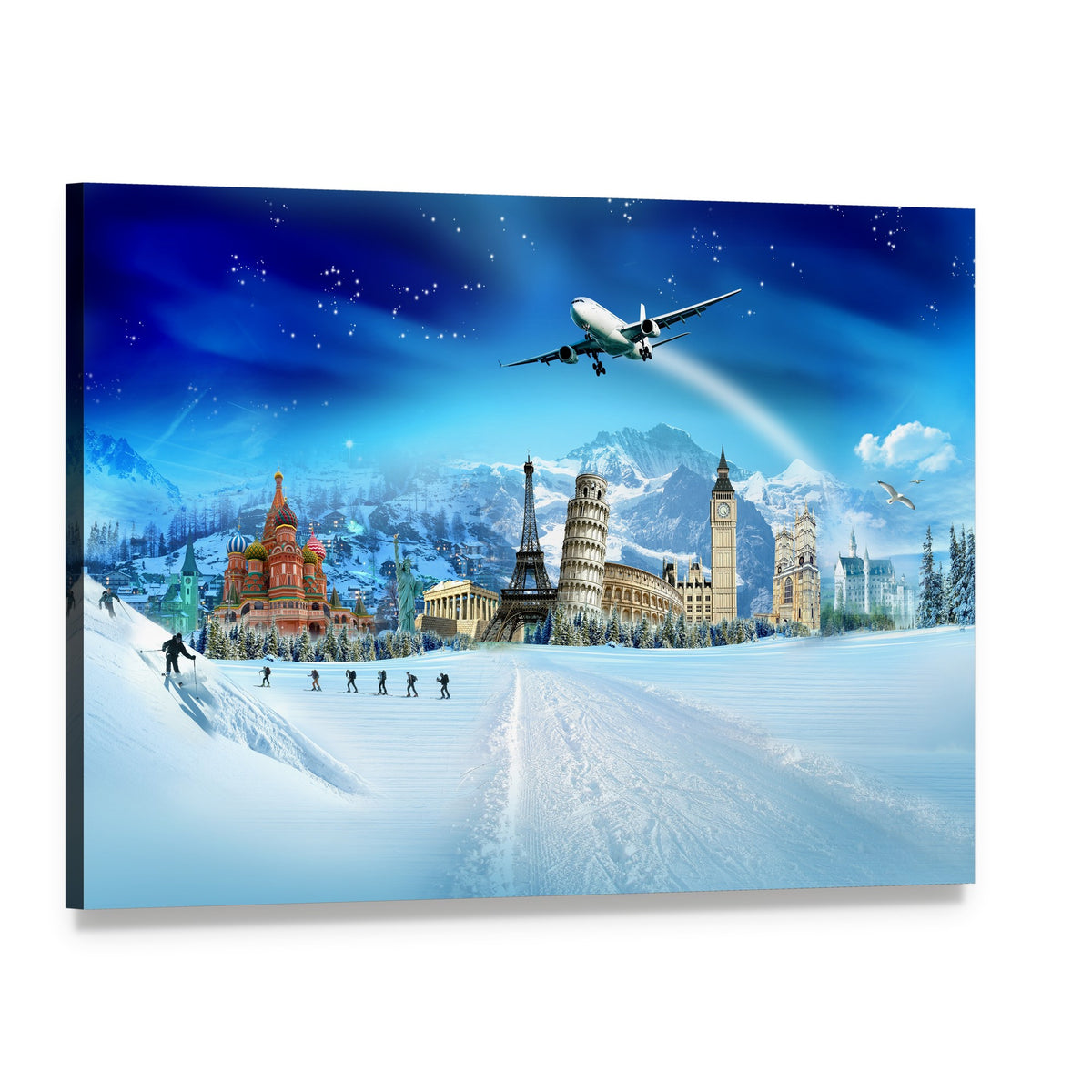 Winter Travel Landmarks Collage Canvas Wall Art, single panel gallery wrapped canvas, angled product view