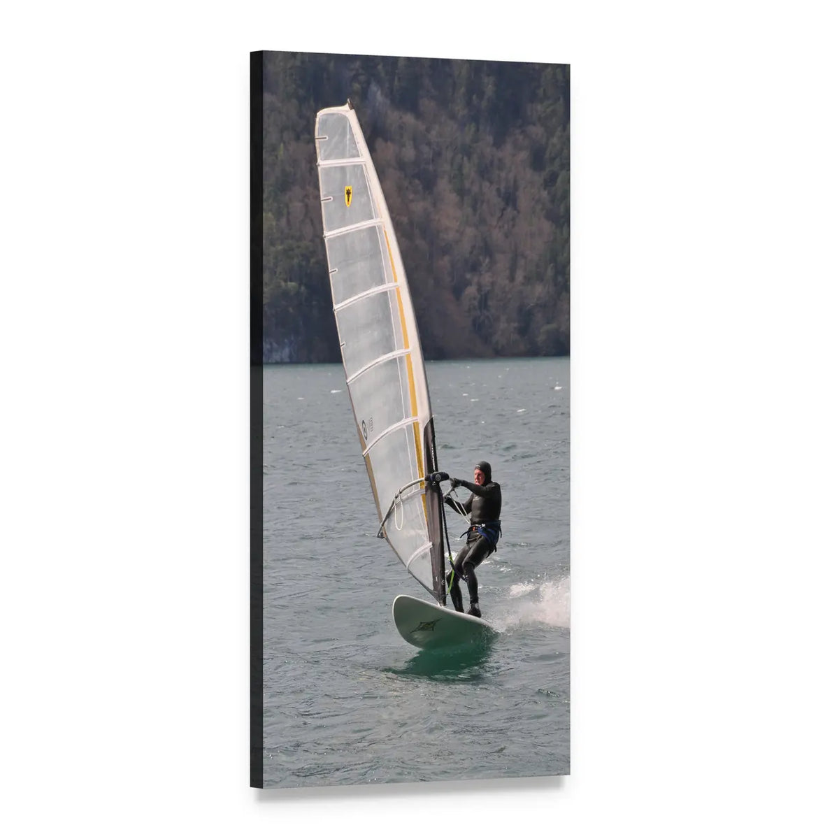 Windsurfer with Yellow-accented Sail Vertical Canvas Wall Art, 1 panel 1 Vertical layout gallery wrapped canvas set, angled product view
