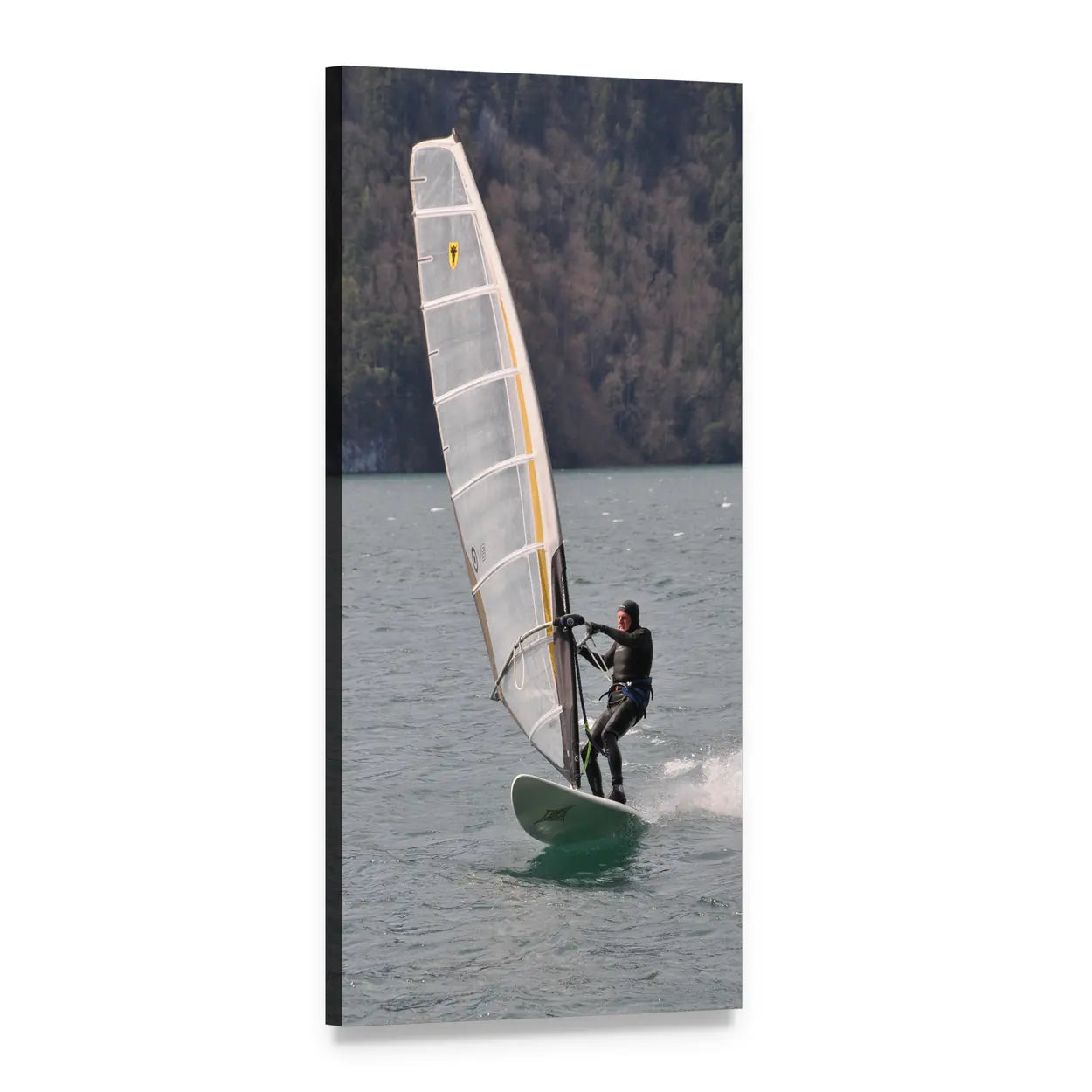 Windsurfer with Yellow-accented Sail Vertical Canvas Wall Art, 1 panel 1 Vertical layout gallery wrapped canvas set, angled product view