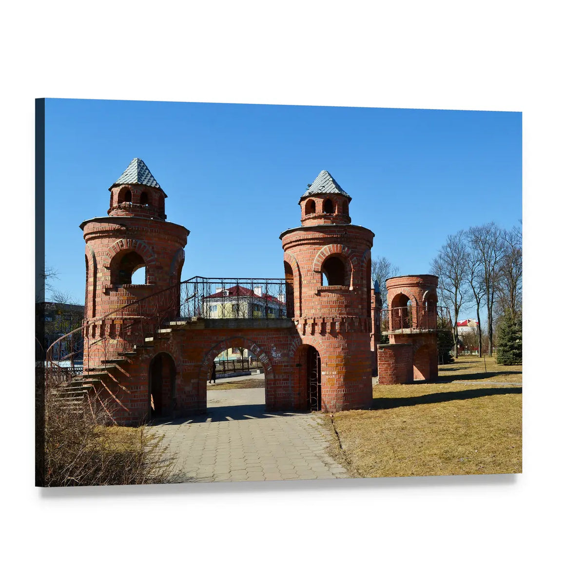 Red Children's Castle in Pinsk Belarus Canvas Wall Art, single panel gallery wrapped canvas, angled product view
