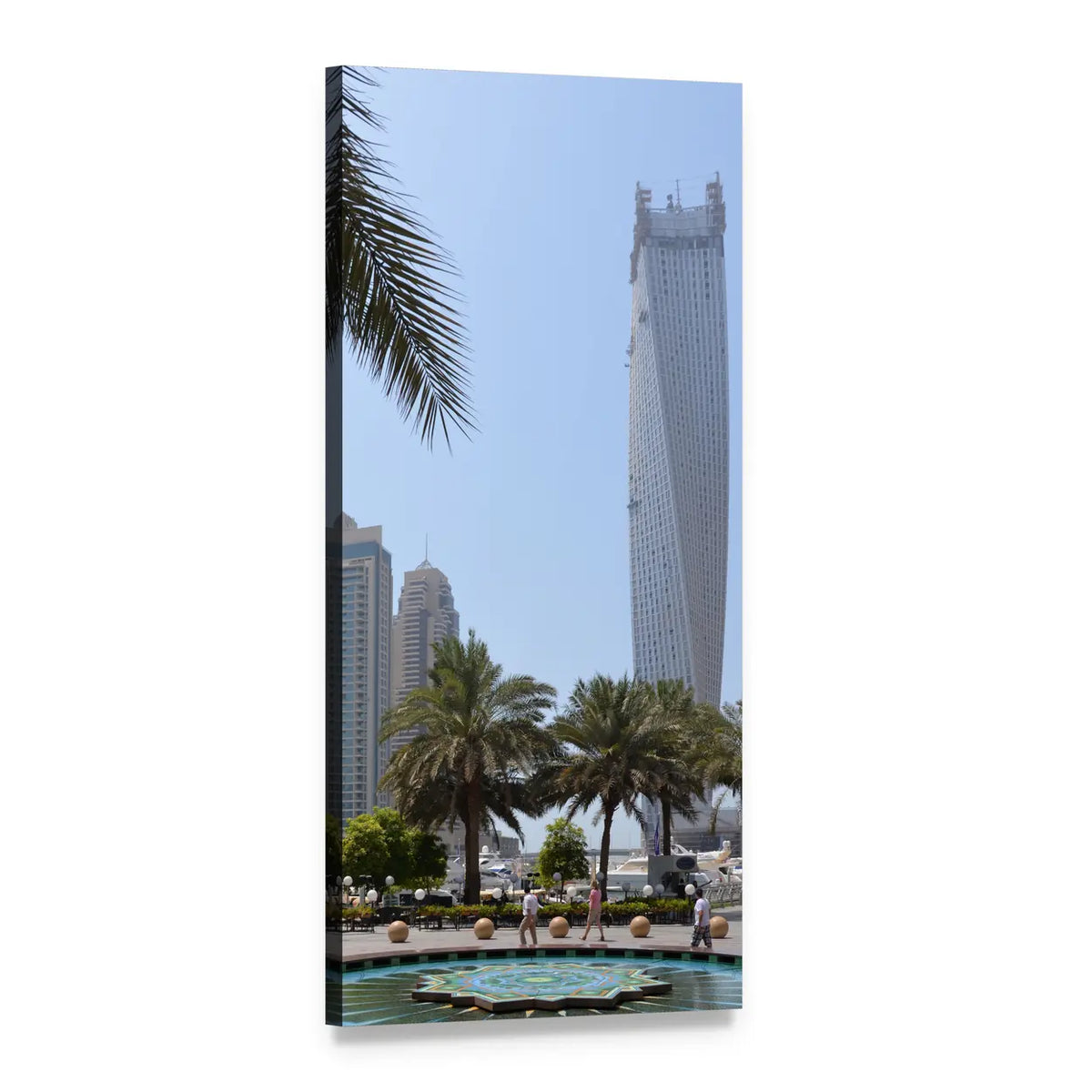 Palm Trees and Dubai Skyline Vertical Canvas Wall Art, 1 panel 1 Vertical layout gallery wrapped canvas set, angled product view
