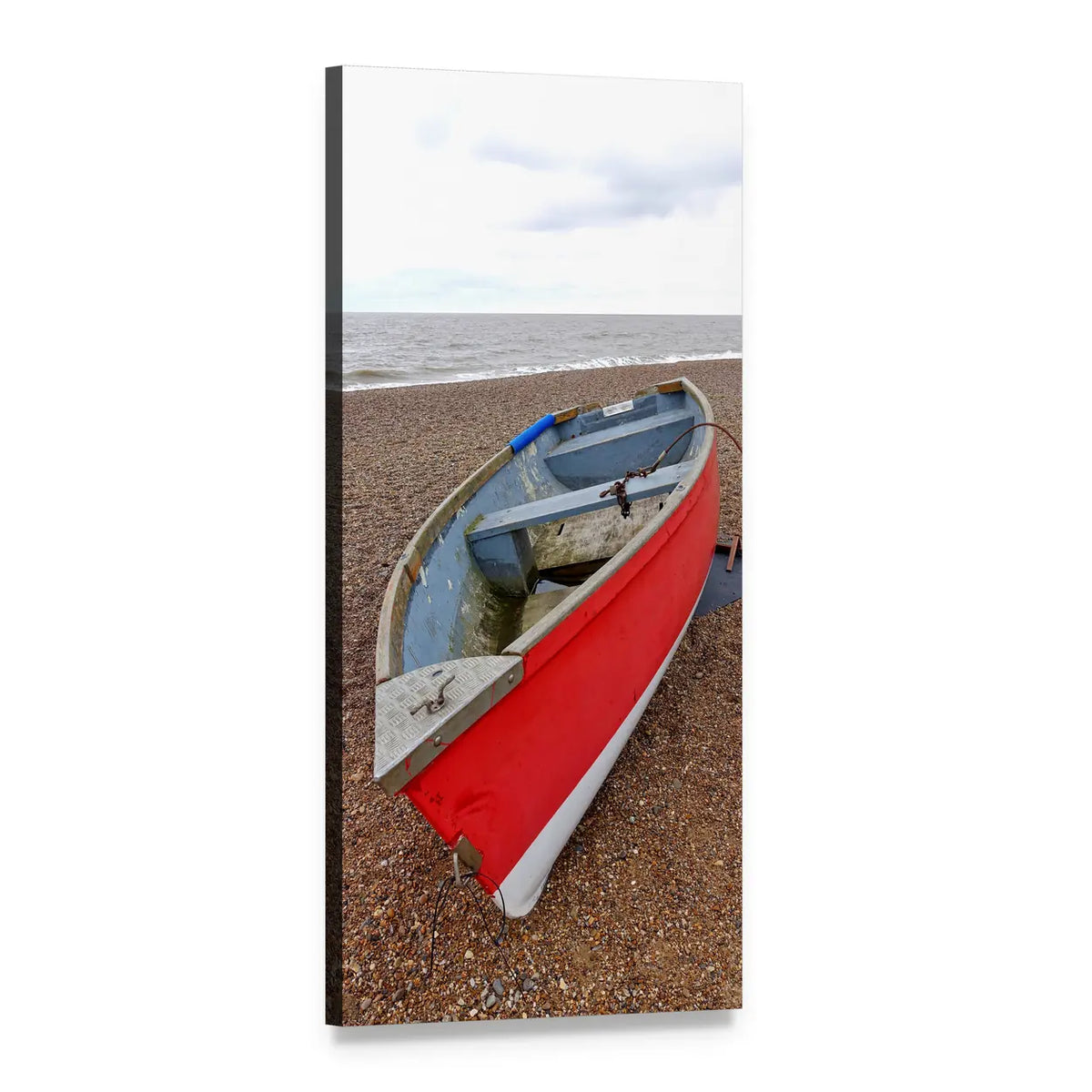 Red and Blue Rowboat on Pebble Beach Vertical Canvas Wall Art, 1 panel 1 Vertical layout gallery wrapped canvas set, angled product view
