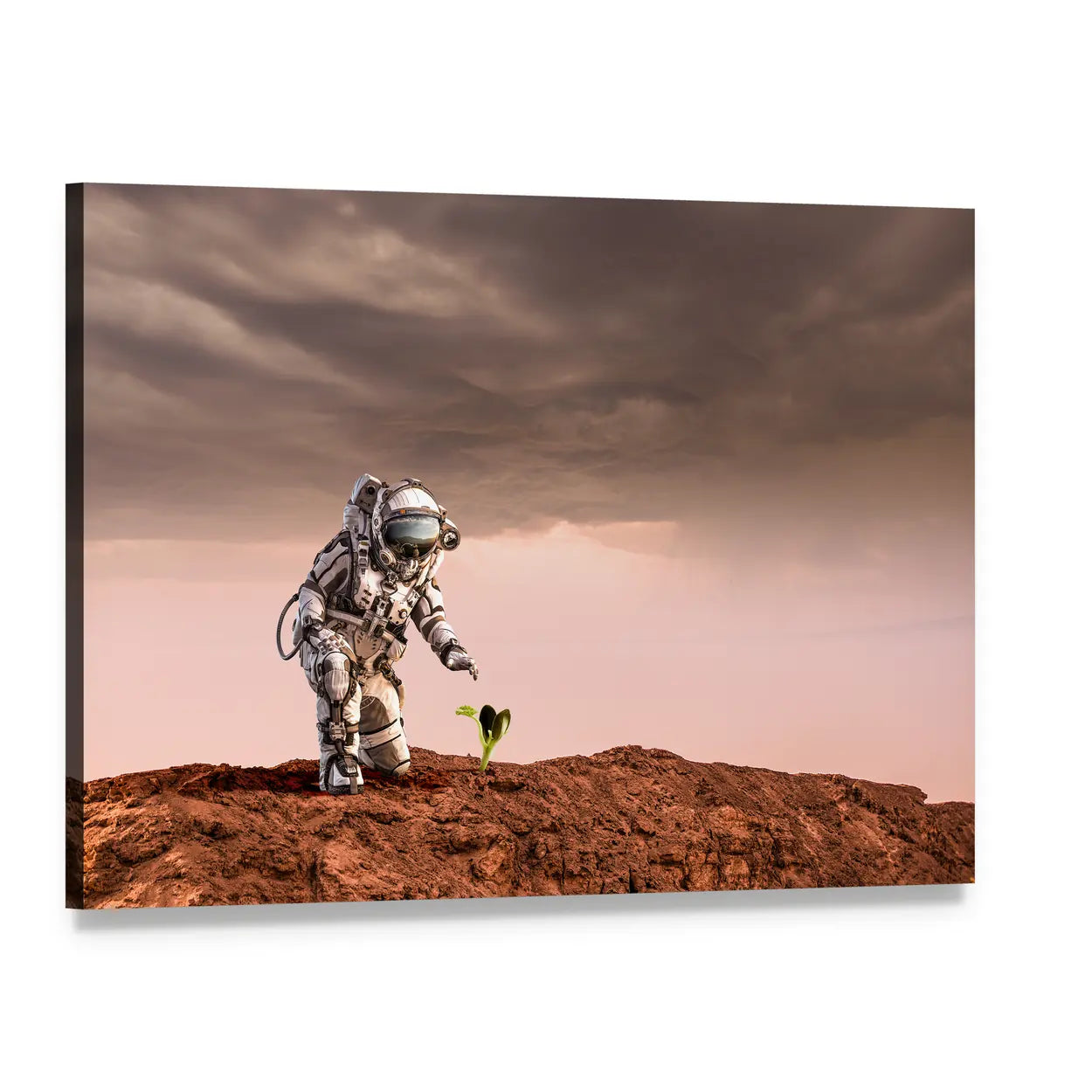 Astronaut on Rust-red Planet Canvas Wall Art, single panel gallery wrapped canvas, angled product view