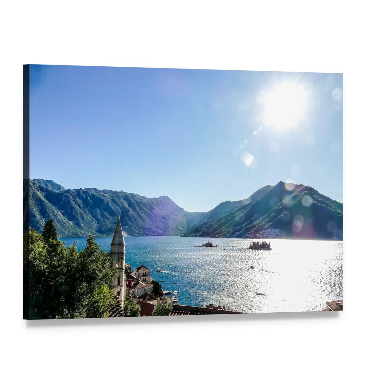 Sunlit Mountain Lake with Church Steeple Canvas Wall Art, single panel gallery wrapped canvas, angled product view