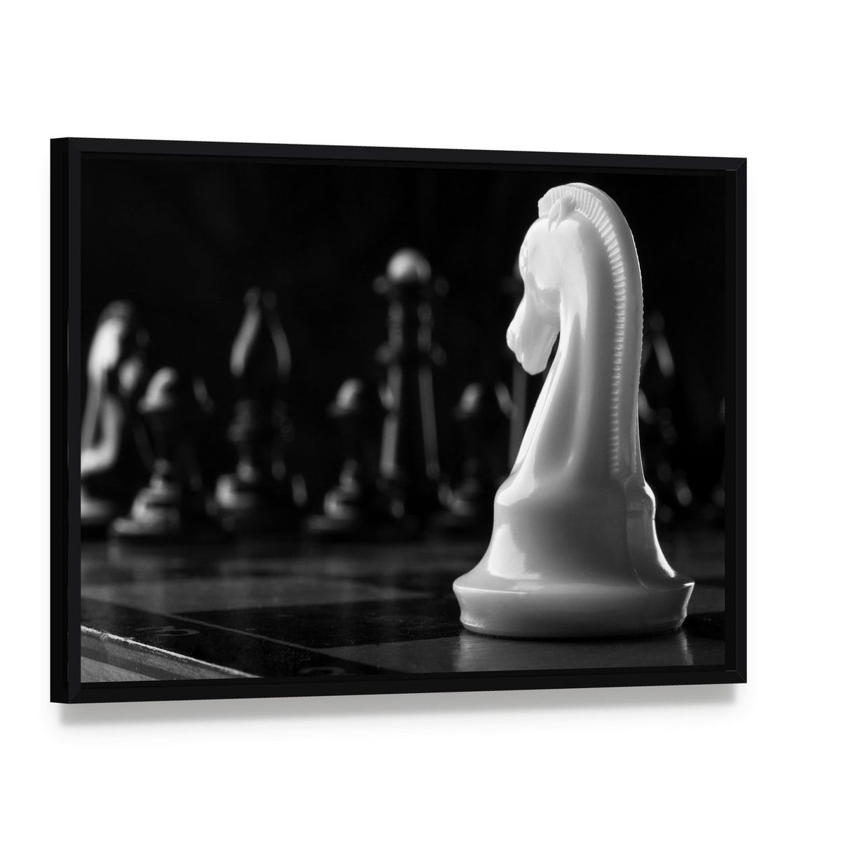 White Knight Chess Piece Canvas Wall Art, framed canvas in a black floater frame, angled product view