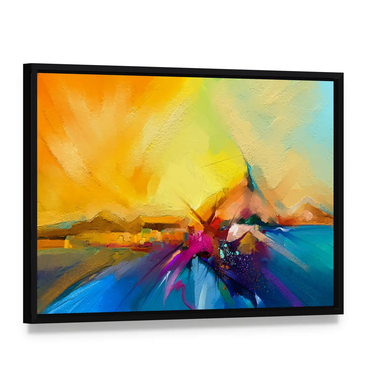 Sail on Sea Abstract Landscape Canvas Wall Art, framed canvas in a black floater frame, angled product view