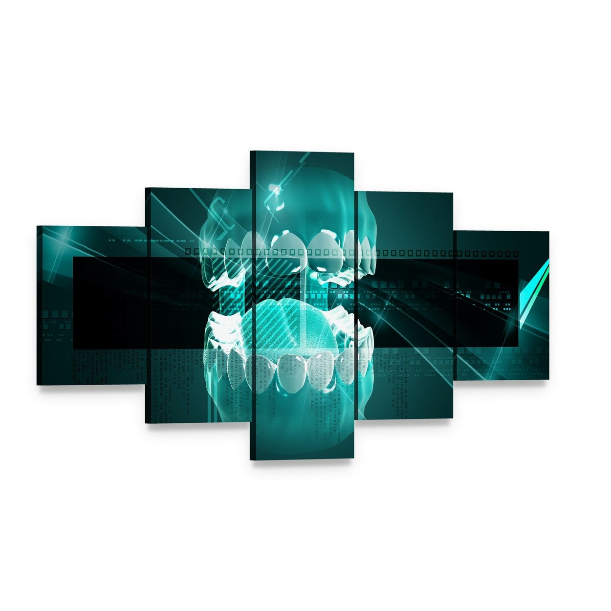 3d Digital Teeth Illustration Canvas Wall Art, 5 panel 5 Star layout gallery wrapped canvas set, angled product view