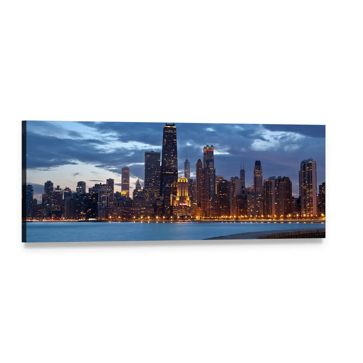 Chicago Twilight Blue Hour Skyline Panoramic Canvas Wall Art, single panel gallery wrapped canvas, angled product view