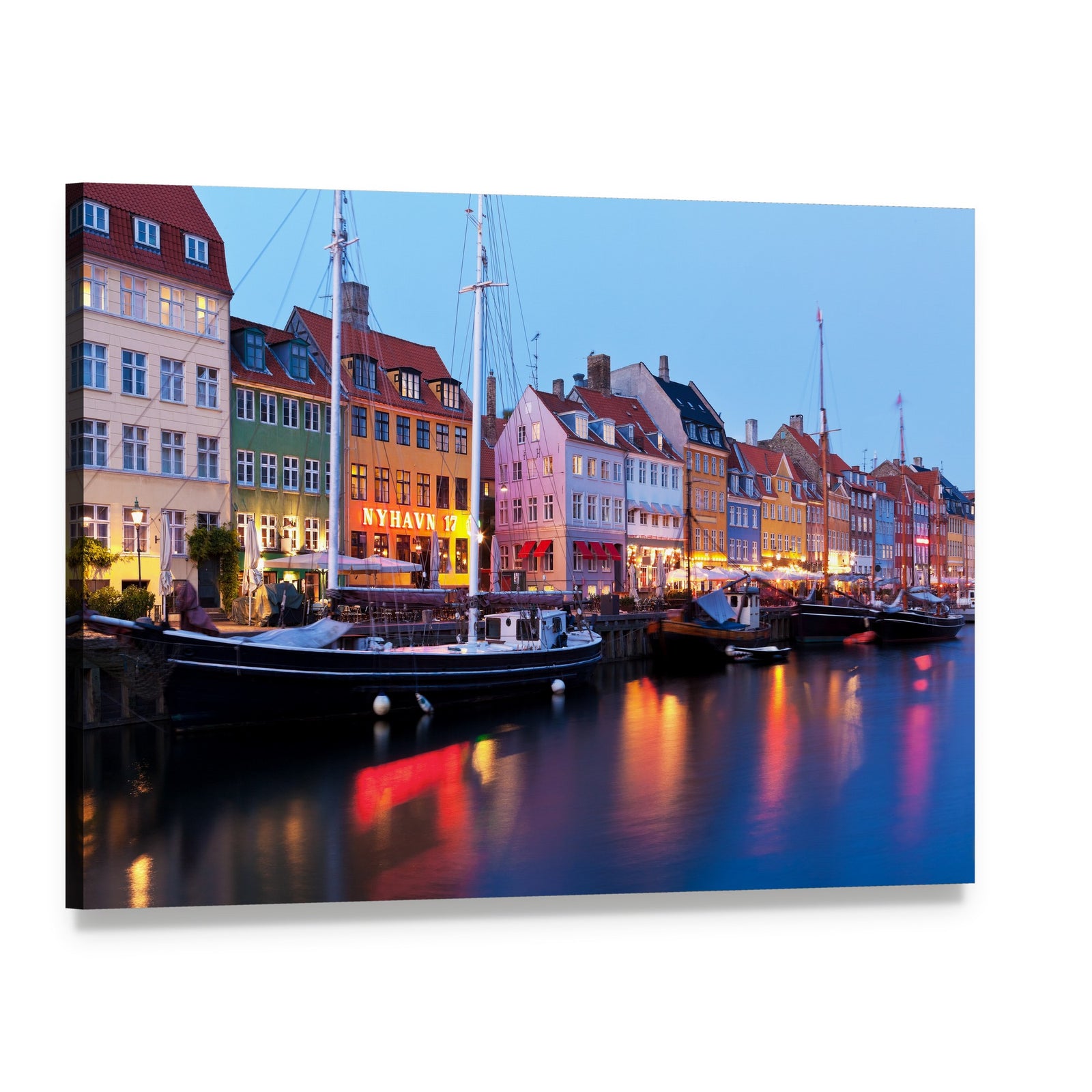 Vibrant Nyhavn Harbor Scene in Copenhagen Canvas Wall Art, single panel gallery wrapped canvas, angled product view