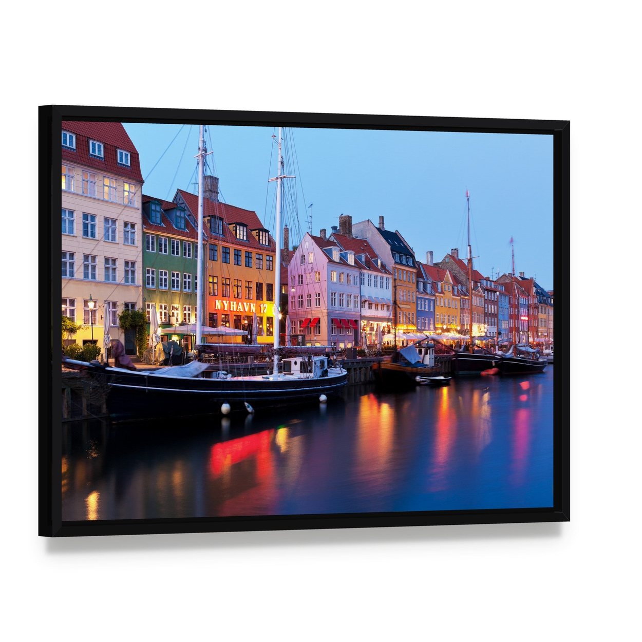 Vibrant Nyhavn Harbor Scene in Copenhagen Canvas Wall Art, framed canvas in a black floater frame, angled product view