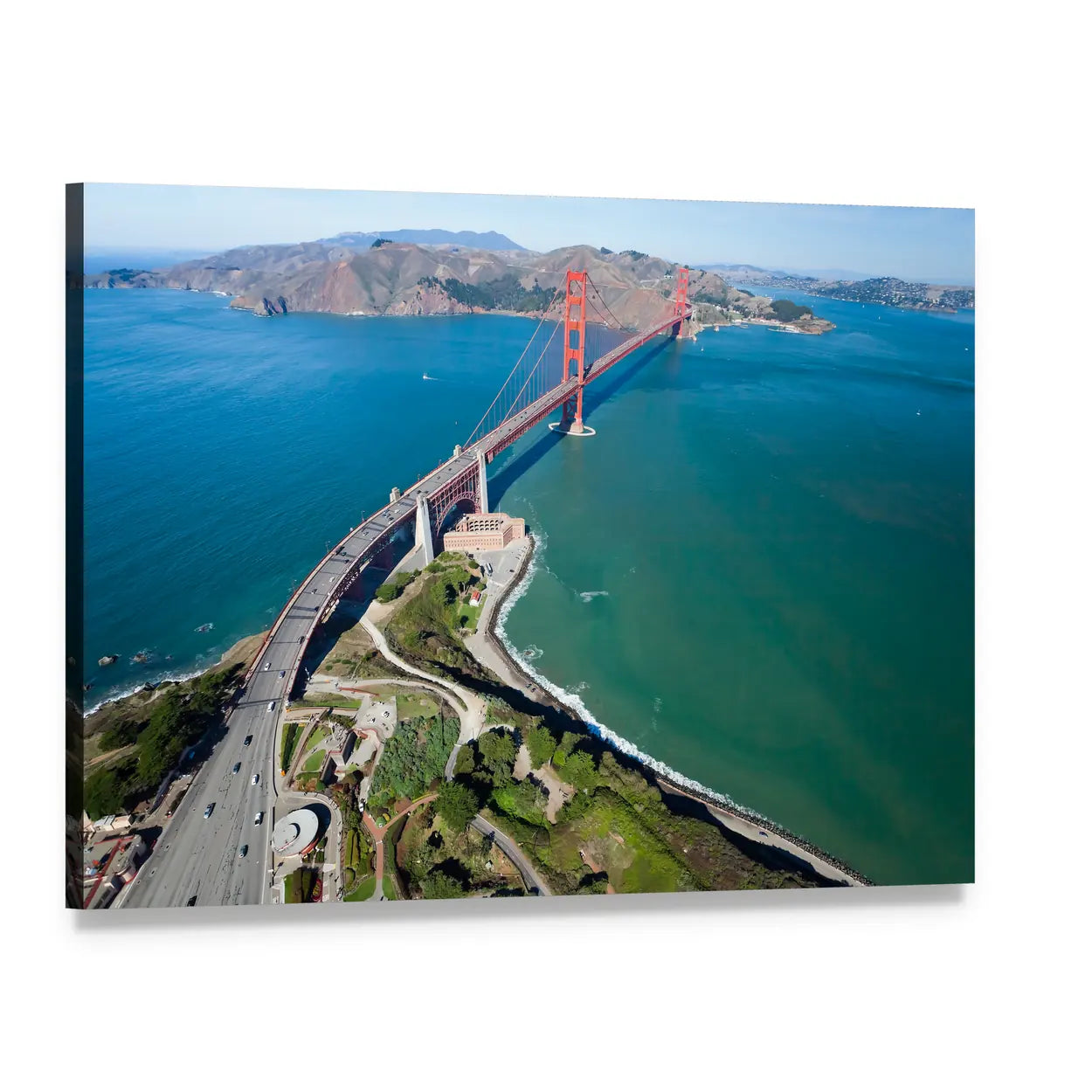 Golden Gate Bridge Aerial View Canvas Wall Art, single panel gallery wrapped canvas, angled product view