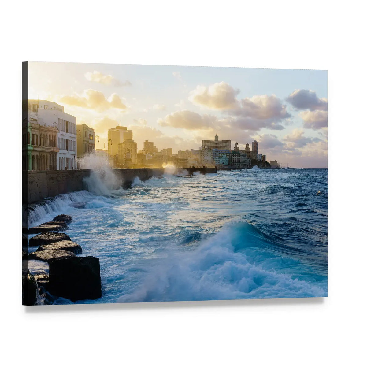 Heavy Swell Off Havana Seafront Canvas Wall Art, single panel gallery wrapped canvas, angled product view