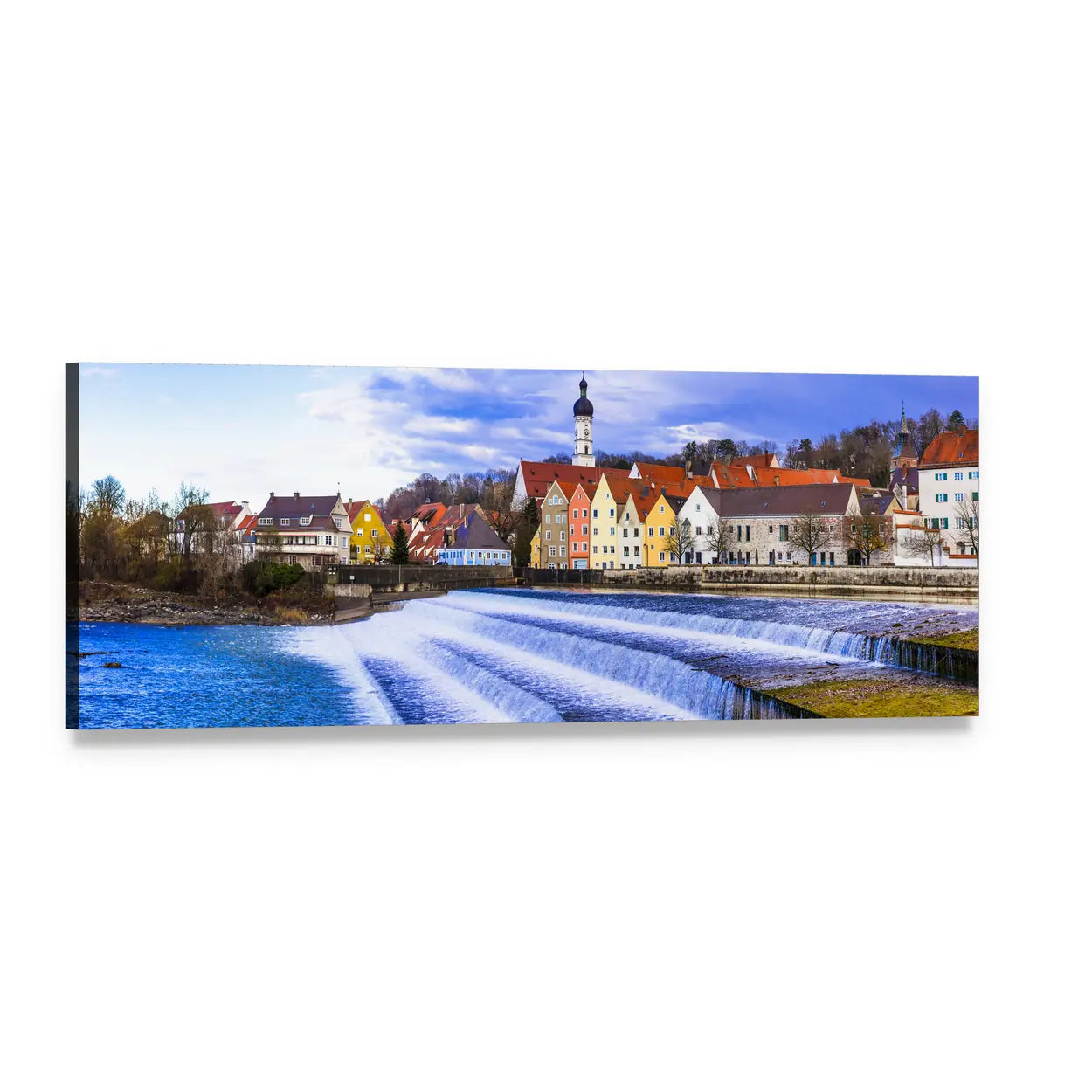 Landsberg Am Lech River View Panoramic Canvas Wall Art, single panel gallery wrapped canvas, angled product view