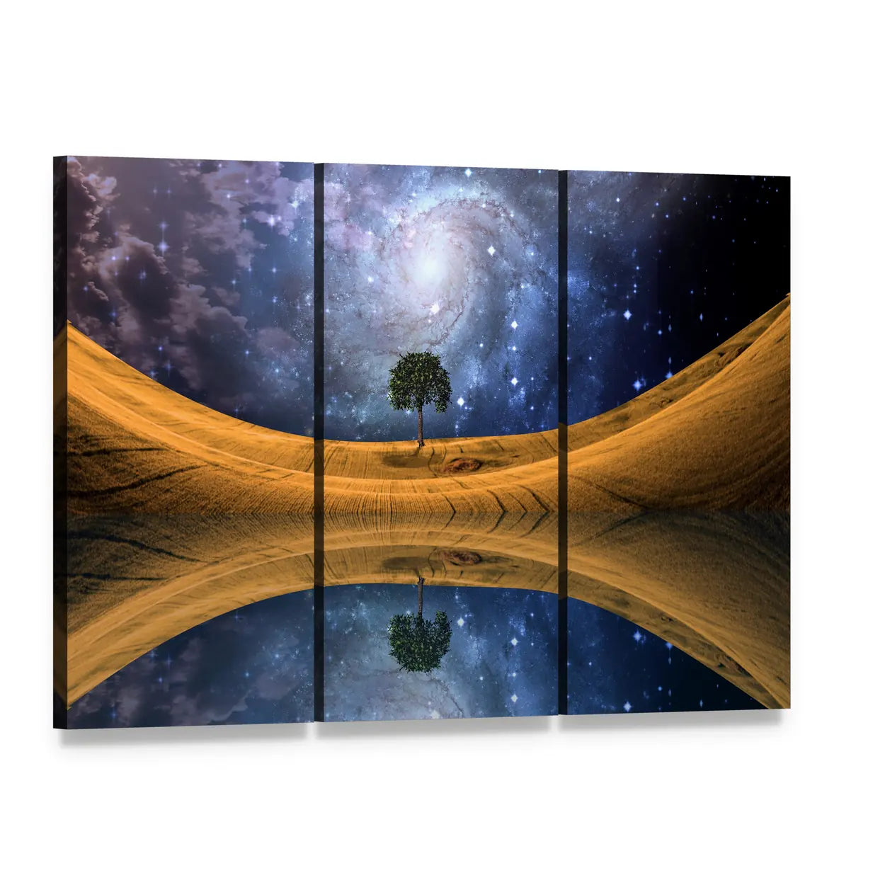 Lone Tree Reflected on Surreal Lake Canvas Wall Art, 3 panel 3 Horizontal layout gallery wrapped canvas set, angled product view