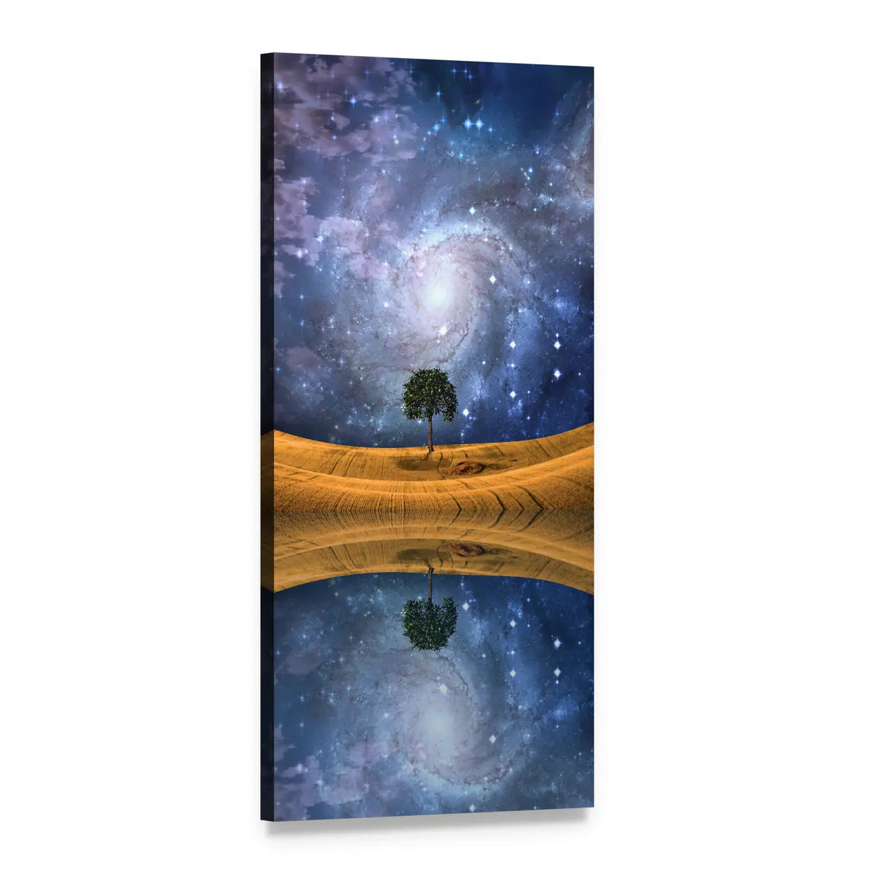 Surreal Lake Reflection with Lone Tree Vertical Canvas Wall Art, 1 panel 1 Vertical layout gallery wrapped canvas set, angled product view
