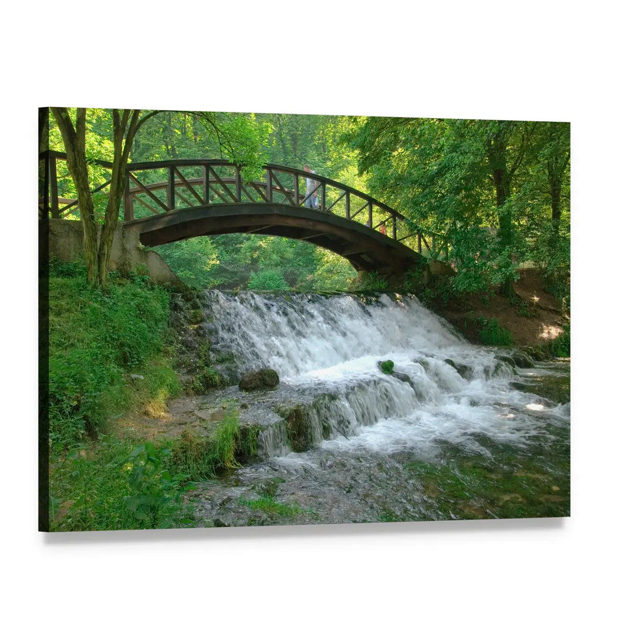 Wooden Bridge Over Waterfall Canvas Wall Art, single panel gallery wrapped canvas, angled product view