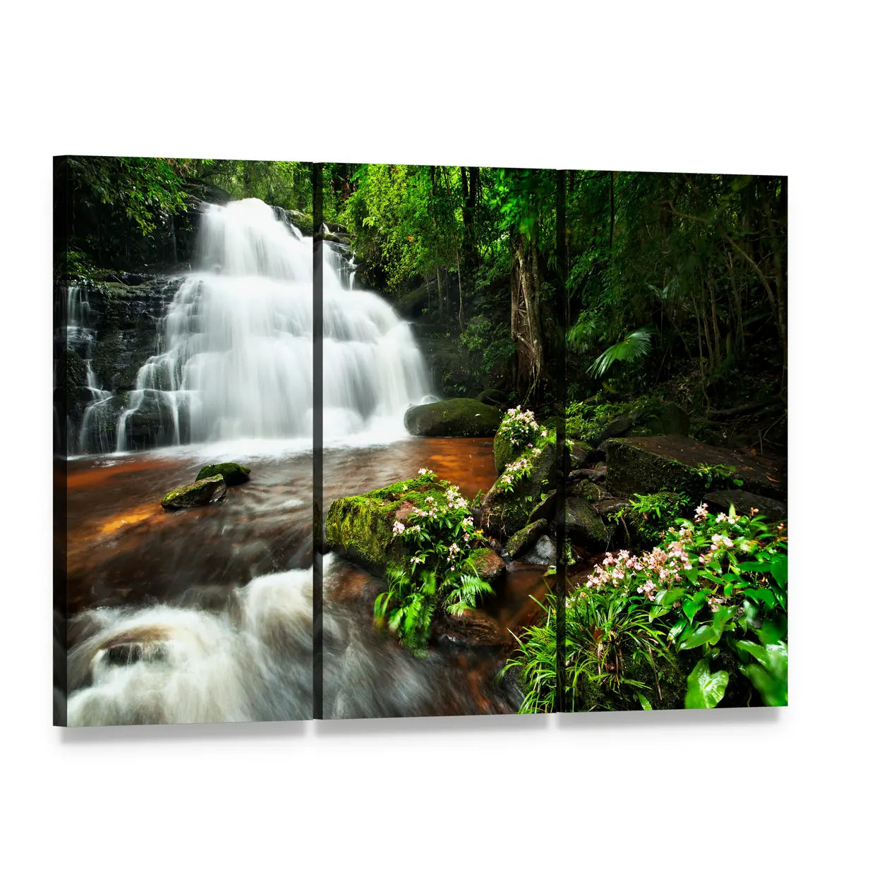 Multi-tiered Waterfall in Thai Forest Canvas Wall Art, 3 panel 3 Horizontal layout gallery wrapped canvas set, angled product view