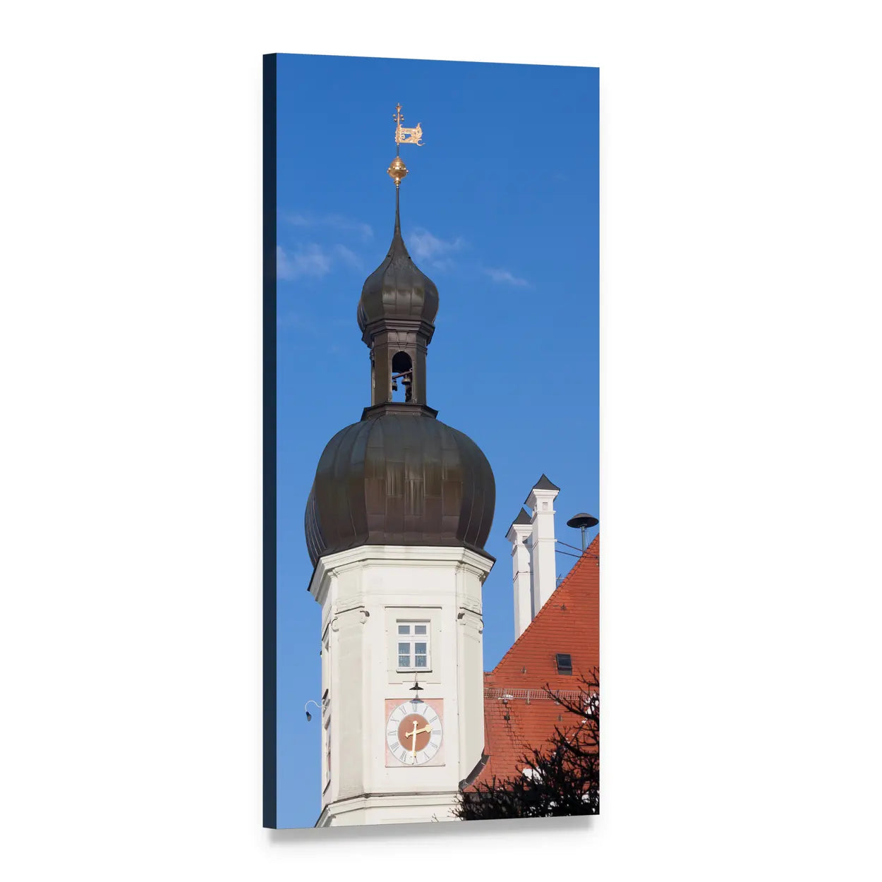 Church Clock Tower with Onion Dome Vertical Canvas Wall Art, 1 panel 1 Vertical layout gallery wrapped canvas set, angled product view