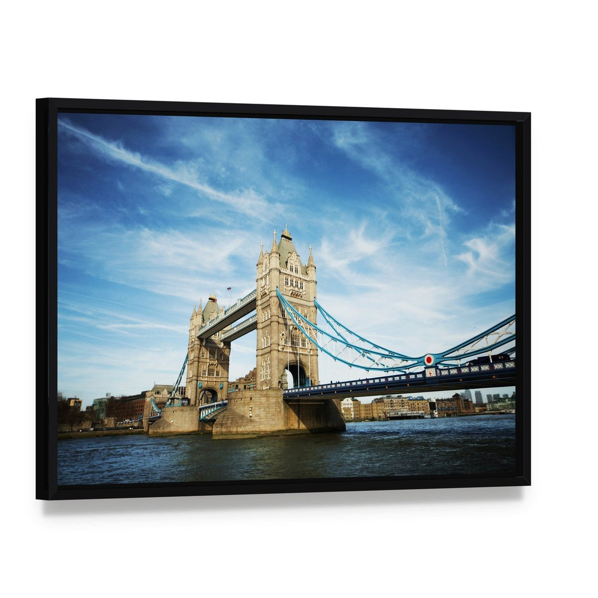 Tower Bridge Under Cloudy Sky Canvas Wall Art, framed canvas in a black floater frame, angled product view