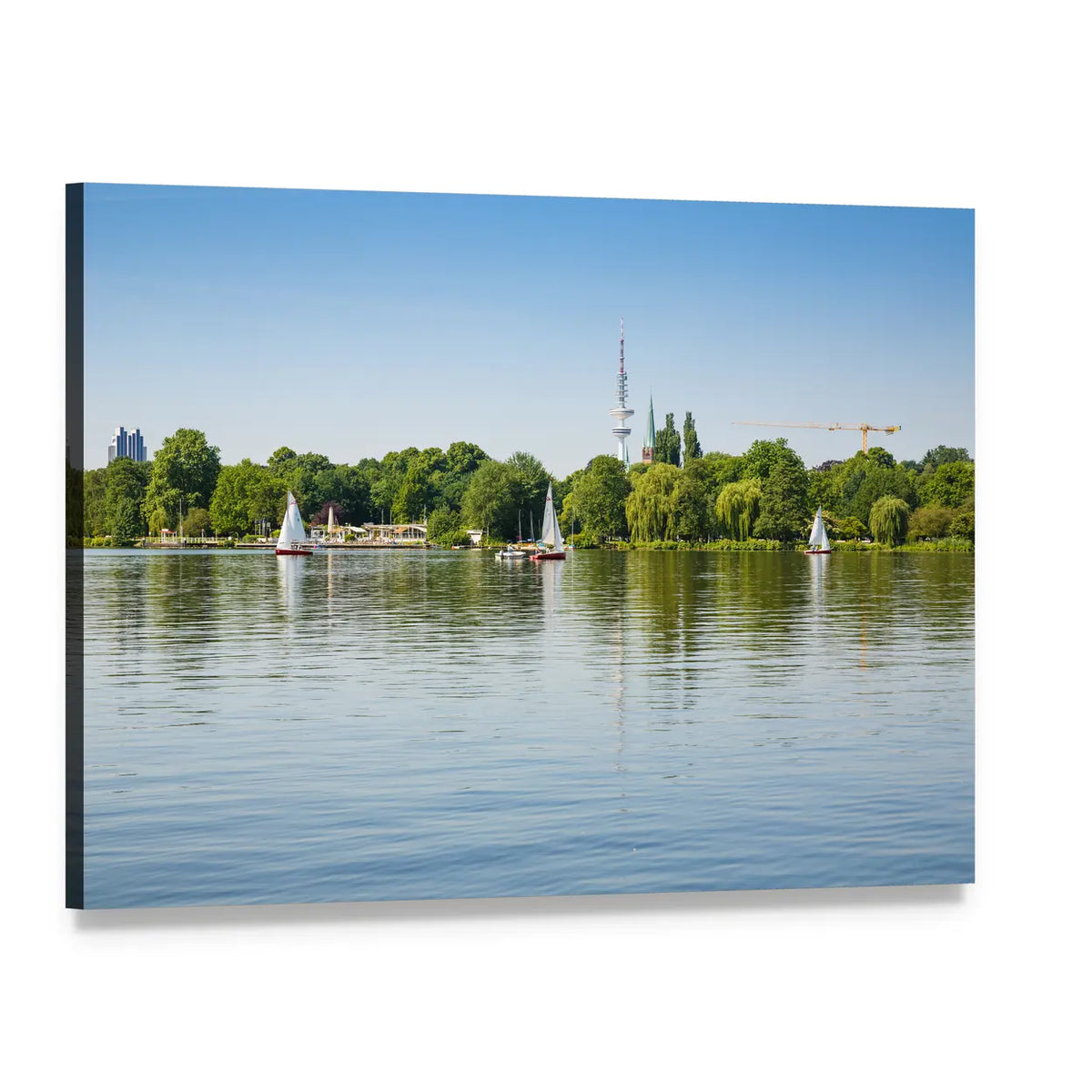 Sailboats on a Lake with Tower Canvas Wall Art, single panel gallery wrapped canvas, angled product view