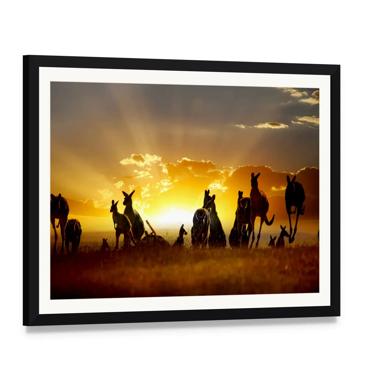 Australian Outback Kangaroos at Sunset Canvas Wall Art, framed print with white mat and black frame, angled product view