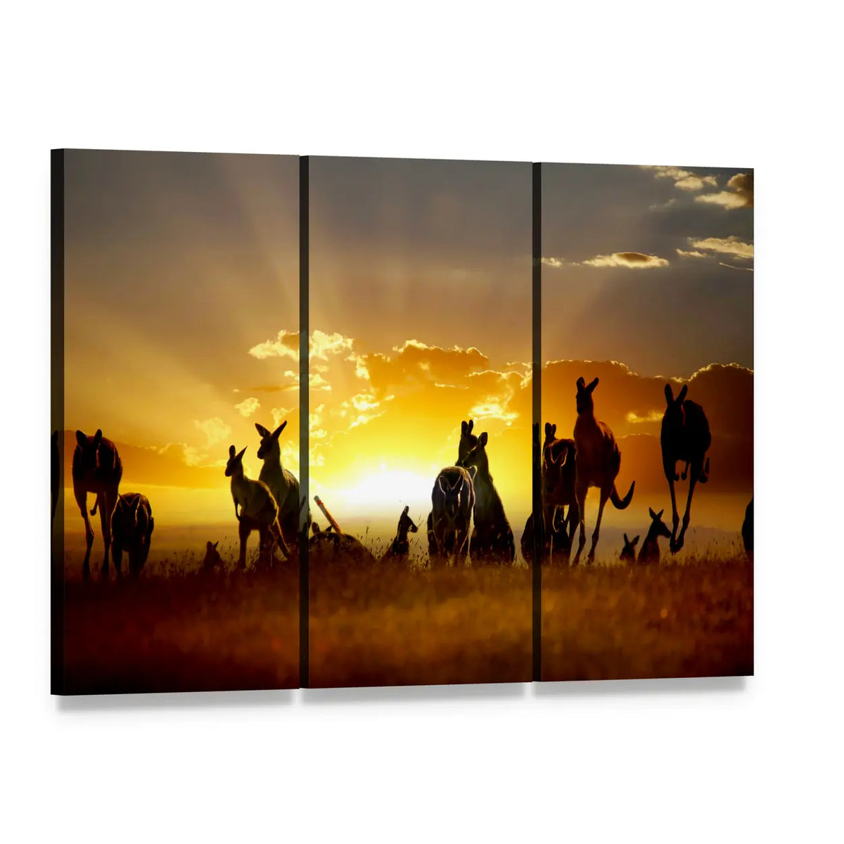 Kangaroos at Sunset in Australian Outback Canvas Wall Art, 3 panel 3 Horizontal layout gallery wrapped canvas set, angled product view
