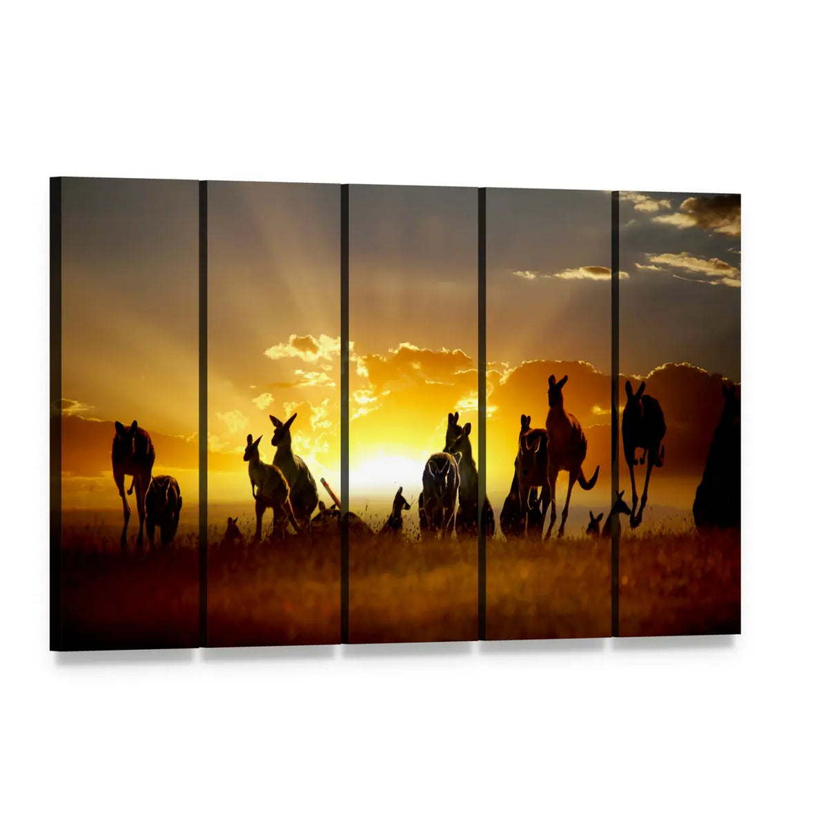 Australian Outback Kangaroos at Sunset Canvas Wall Art, 5 panel 5 Horizontal layout gallery wrapped canvas set, angled product view