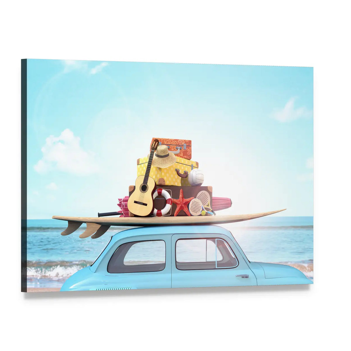 Vintage Beach Car with Surfboard Canvas Wall Art, single panel gallery wrapped canvas, angled product view