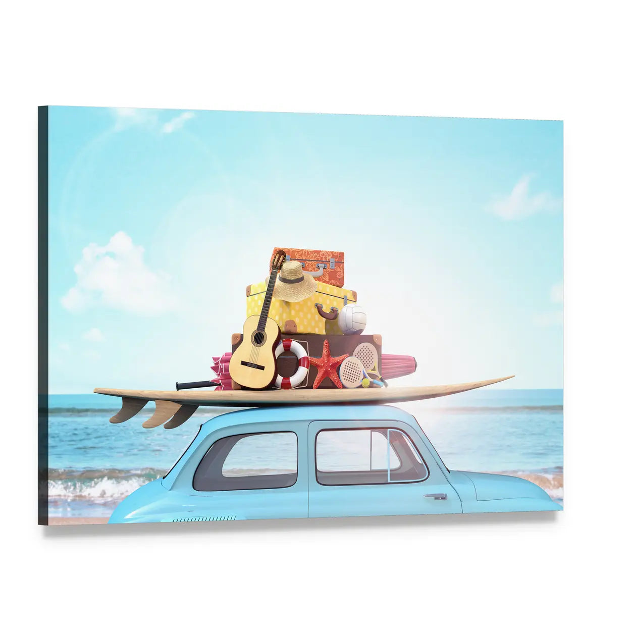 Vintage Beach Car with Surfboard Canvas Wall Art, single panel gallery wrapped canvas, angled product view