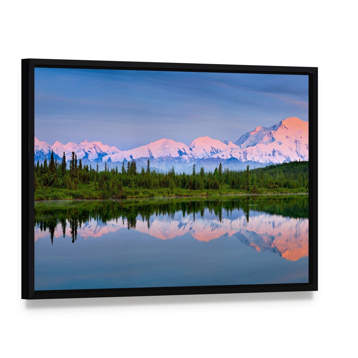 Wonder Lake Reflection Canvas Wall Art, framed canvas in a black floater frame, angled product view