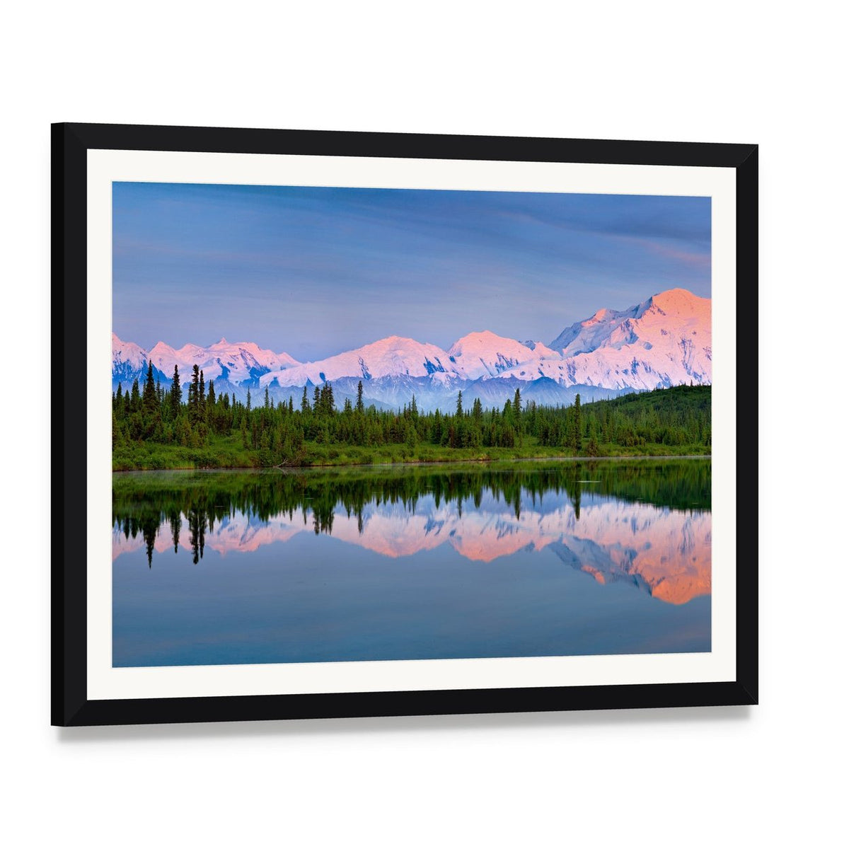 Wonder Lake Reflection Canvas Wall Art, framed print with white mat and black frame, angled product view