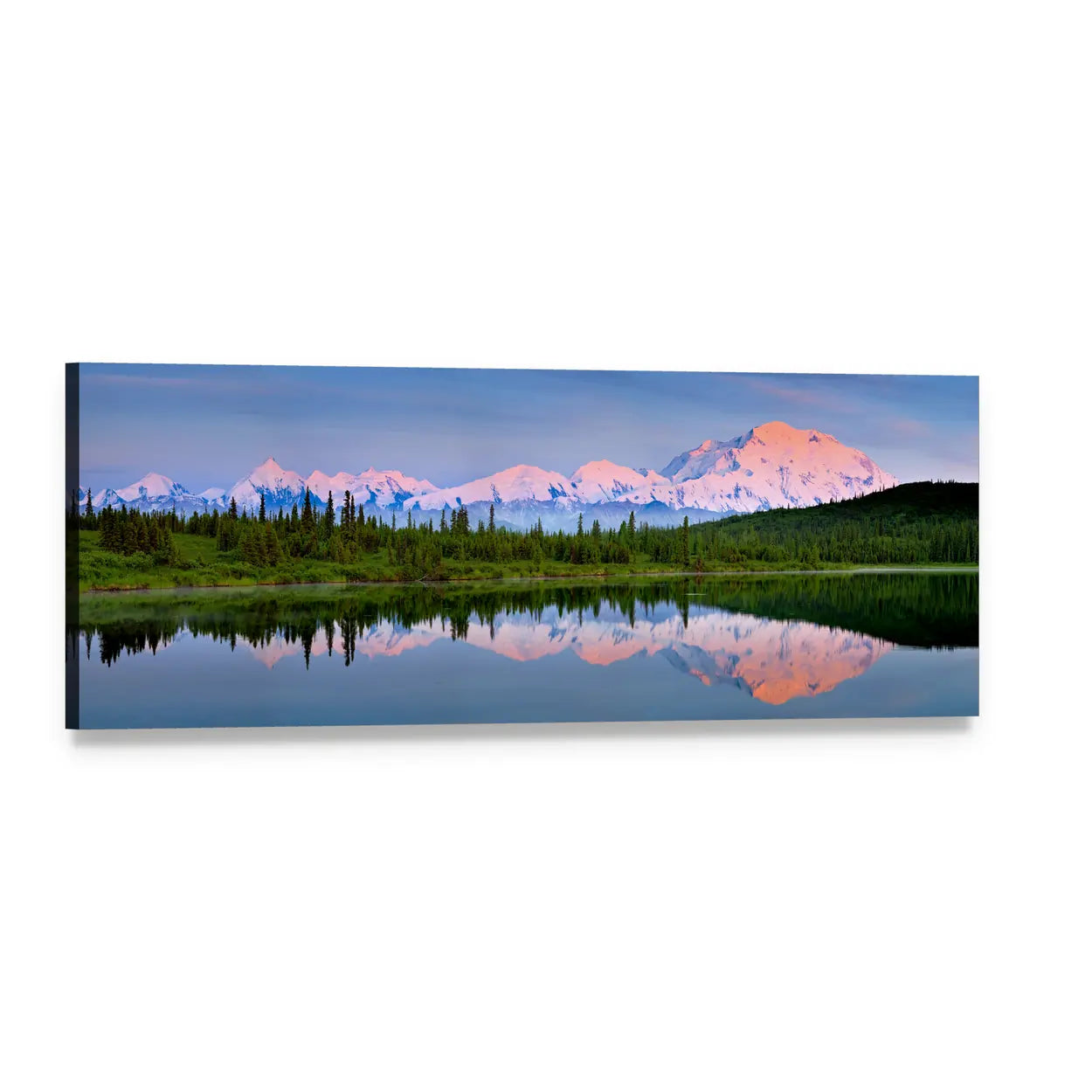 Wonder Lake at Denali Panoramic Canvas Wall Art, single panel gallery wrapped canvas, angled product view