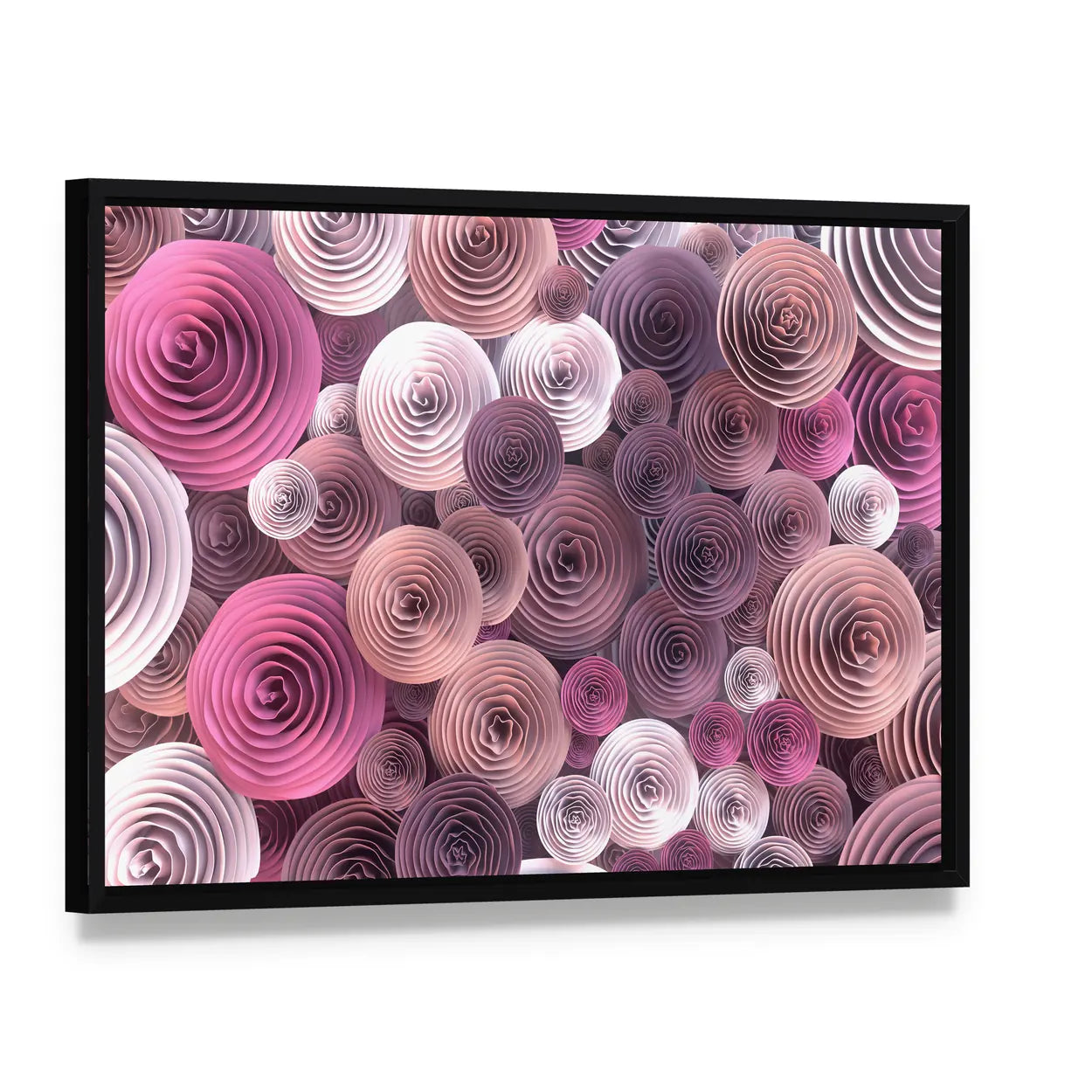 Quilled Paper Roses Abstract Canvas Wall Art, framed canvas in a black floater frame, angled product view