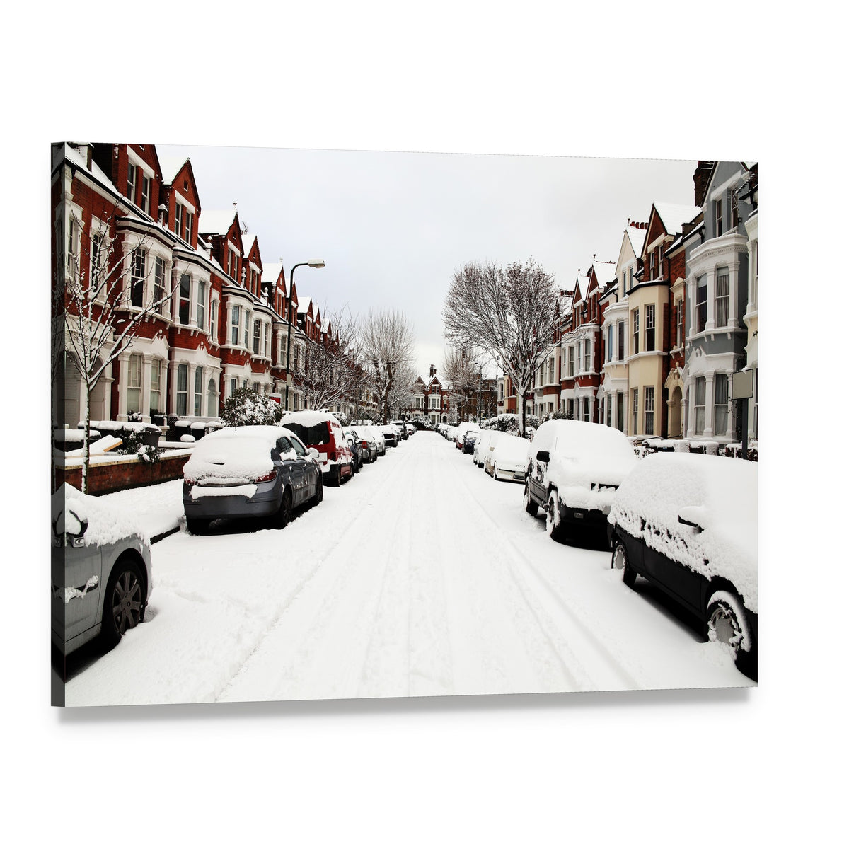 Snowy Street in London Canvas Wall Art, single panel gallery wrapped canvas, angled product view
