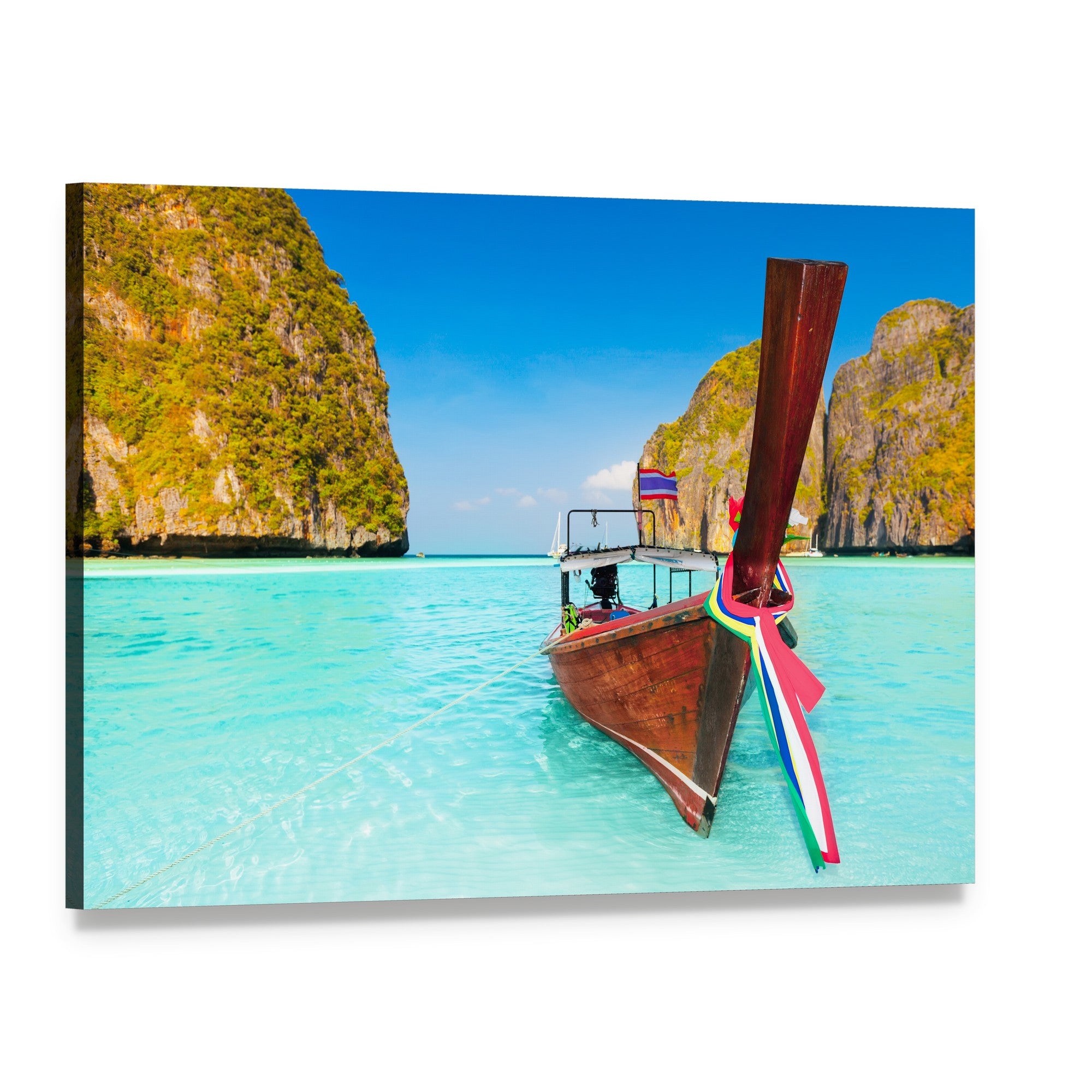 Maya Bay Longtail Boat Seascape Canvas Wall Art, single panel gallery wrapped canvas, angled product view