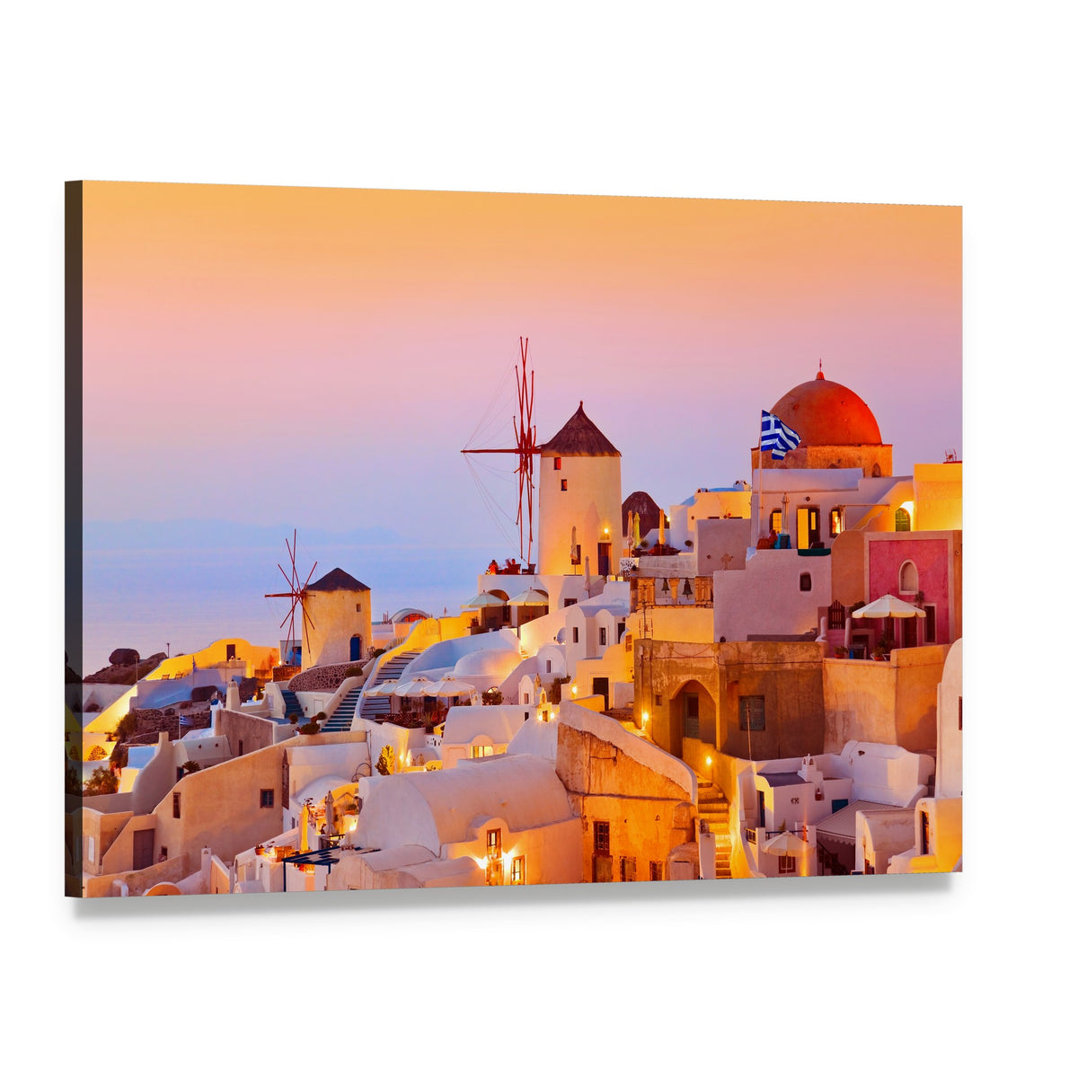 Santorini Sunset Over Oia Village Canvas Wall Art, single panel gallery wrapped canvas, angled product view