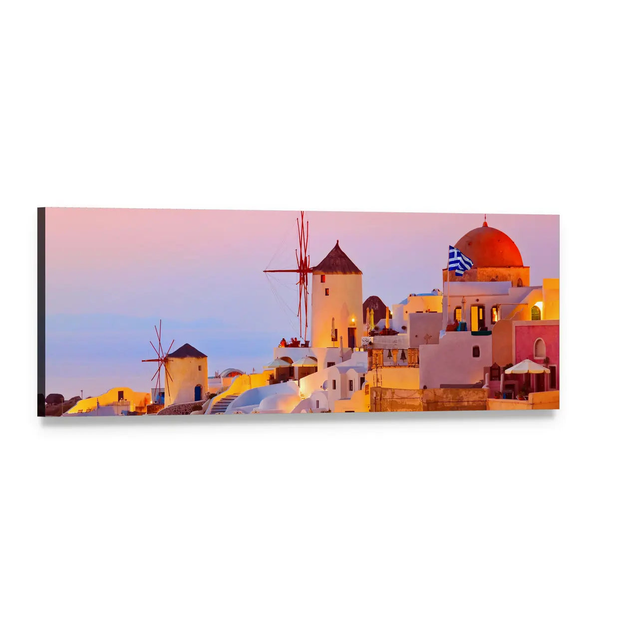 Santorini Sunset in Oia Panoramic Canvas Wall Art, single panel gallery wrapped canvas, angled product view