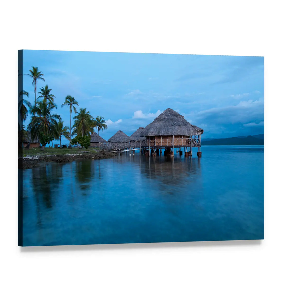 Overwater Bungalows in Blue Water Canvas Wall Art, single panel gallery wrapped canvas, angled product view