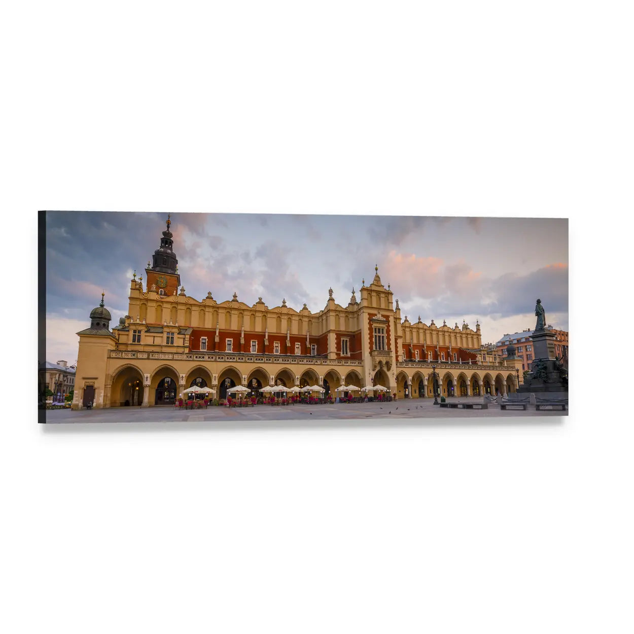 Krakow Cloth Hall at Dusk Panoramic Canvas Wall Art, single panel gallery wrapped canvas, angled product view